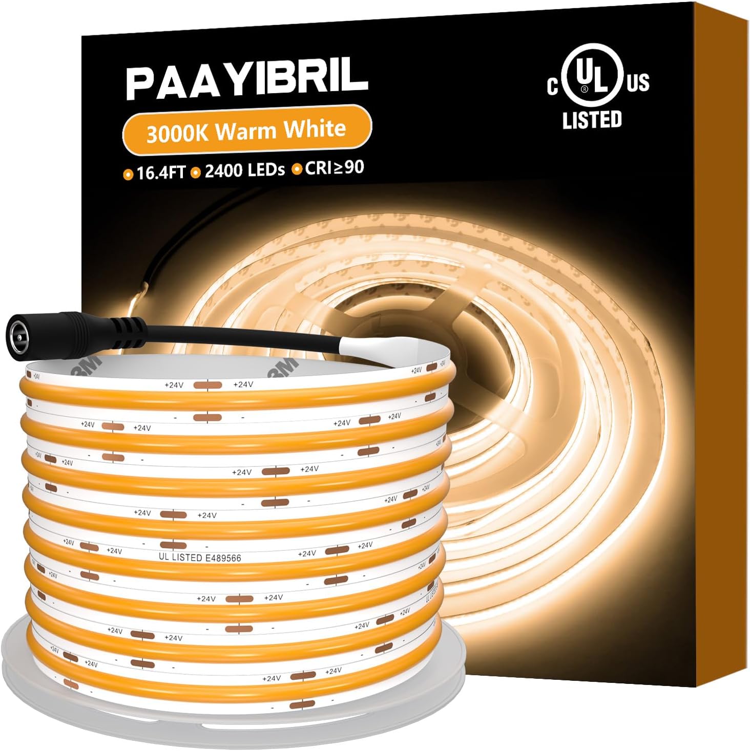 UL Listed COB LED Strip Lights Warm White 3000K, 4600LM, Dimmable, CRI 90+, 16.4ft High Density 2400LEDs, 24V Tape Lights for Cabinets, Bedroom, Kitchen (Power Supply Not Included)