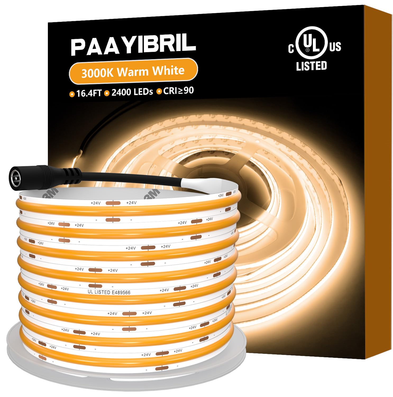 PAAYIBRIL UL Listed COB LED Strip Lights Warm White 3000K, 4600LM, Dimmable, CRI 90+, 16.4ft High Density 2400LEDs, 24V Tape Lights for Cabinets, Bedroom, Kitchen (Power Supply Not Included)