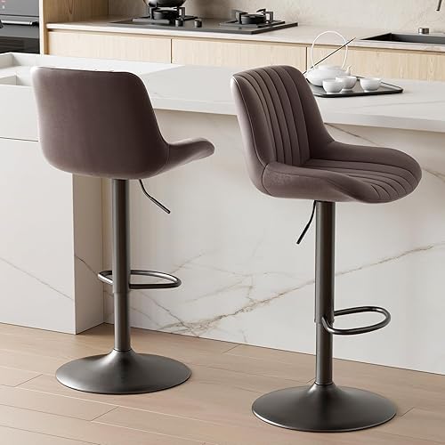Miniatura 7 de Juego de 2 taburetes de bar, taburetes de bar giratorios modernos y ajustables con respaldo, sillas de isla de tela de rendimiento de altura de