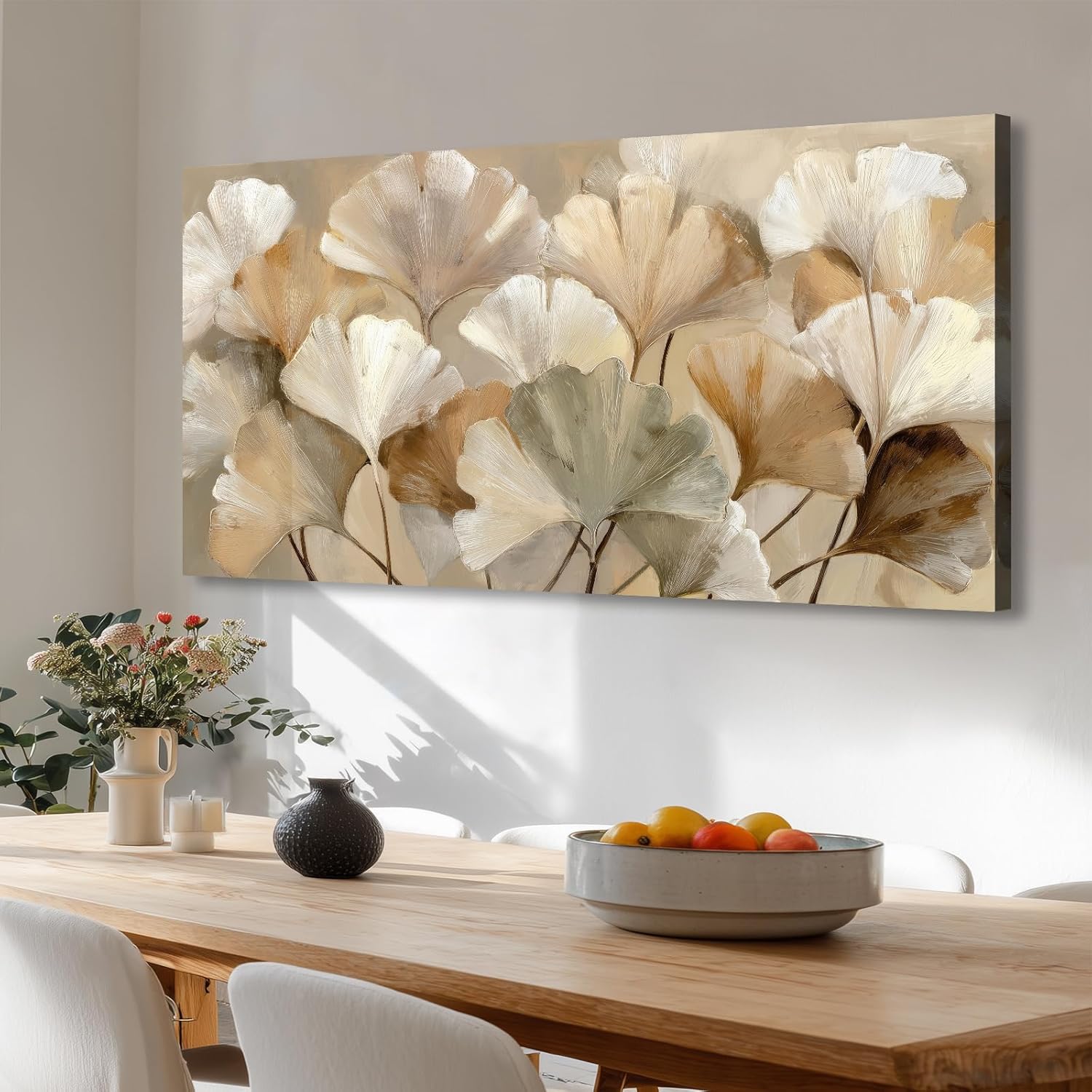 Azatyam Ginkgo Leaf Wall Art Living Room Wall Decor Beige Botanical Foliage Nature Canvas Prints Earthy Tone Painting Modern Rustic Style for Bedroom Home Office Dining Room Decoration Framed 20"x40"
