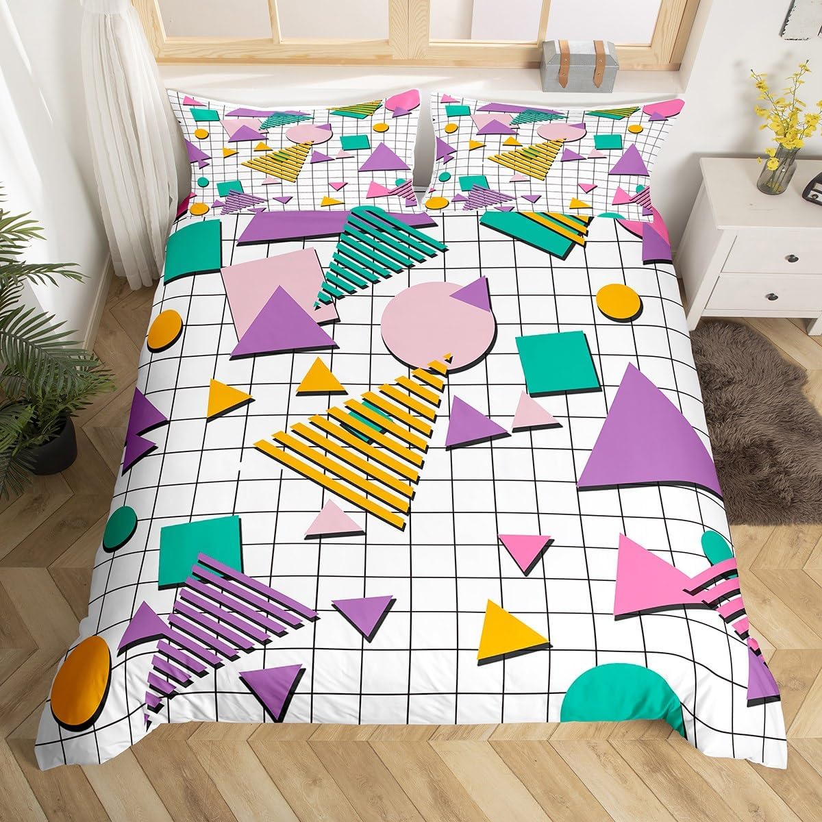 jejeloiu 80s 90s Memphis Bedding Set Full Size Memphis Geometric Comforter Cover Set for Kids Teens Adults Grid Retro Fashion Style Duvet Cover Purple Abstract Bedspread Cover with 2 Pillow Case