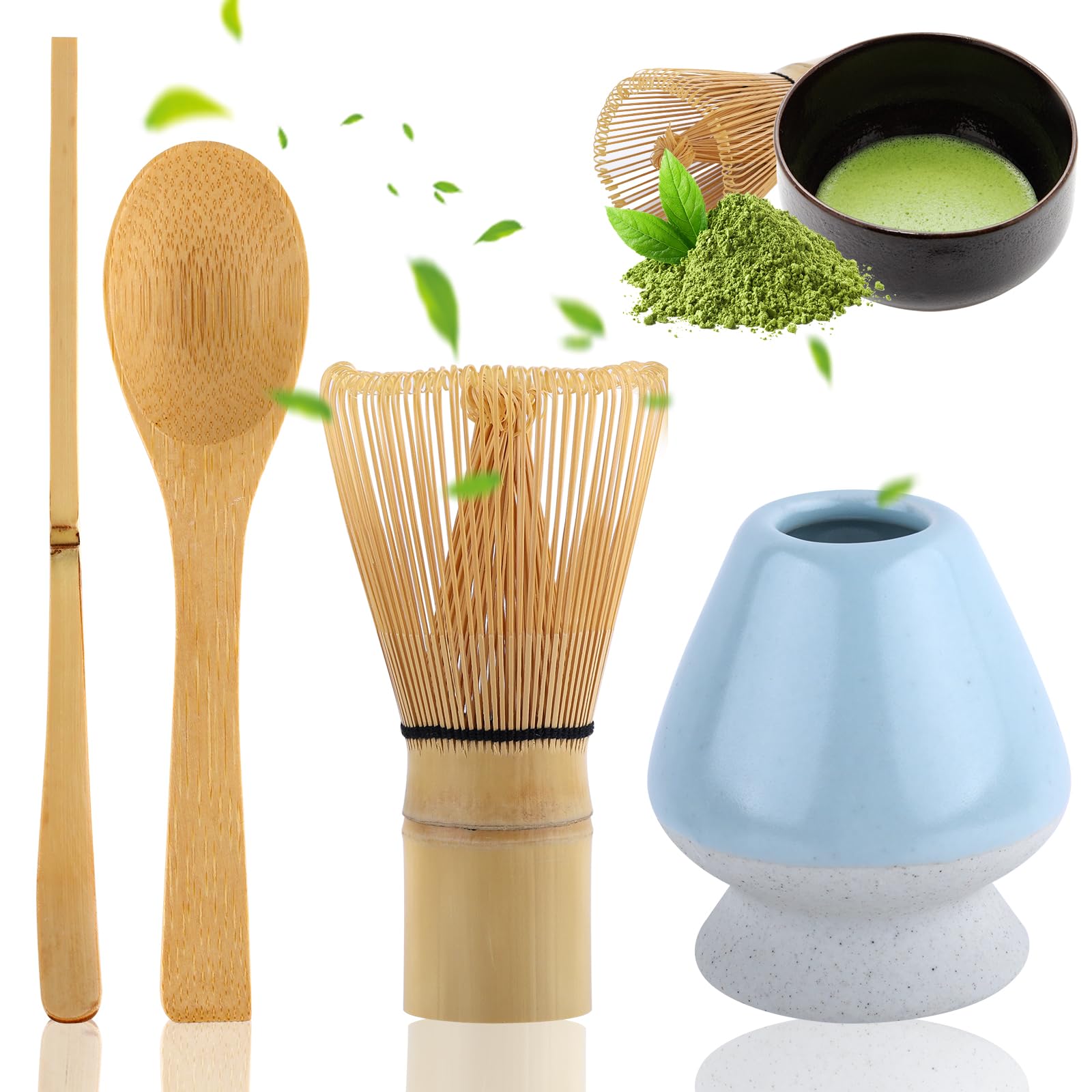 POFIBO Matcha Besen Set - 4-teiliges Matcha Tee Set mit Matcha Whisk, Matcha Löffel, Teepinselhalter aus Keramik, Matcha-Schneebesen-Set, Matchaset, Japanisches Teeset Zubehör für die Matcha-Zeremonie