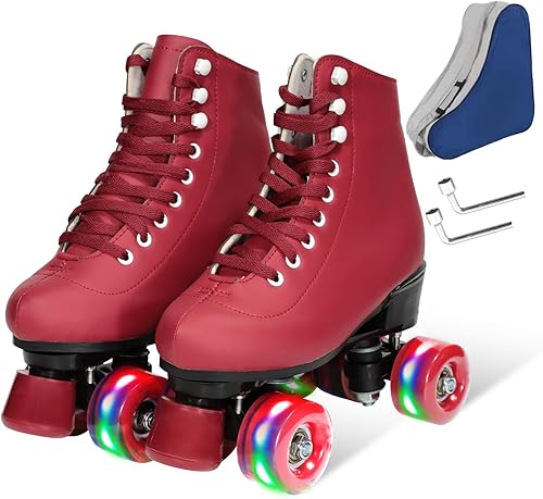 Wiwiy Patines Derby para mujeres y hombres, patines de ruedas para exteriores e interiores, patines ajustables de cuatro ruedas brillantes