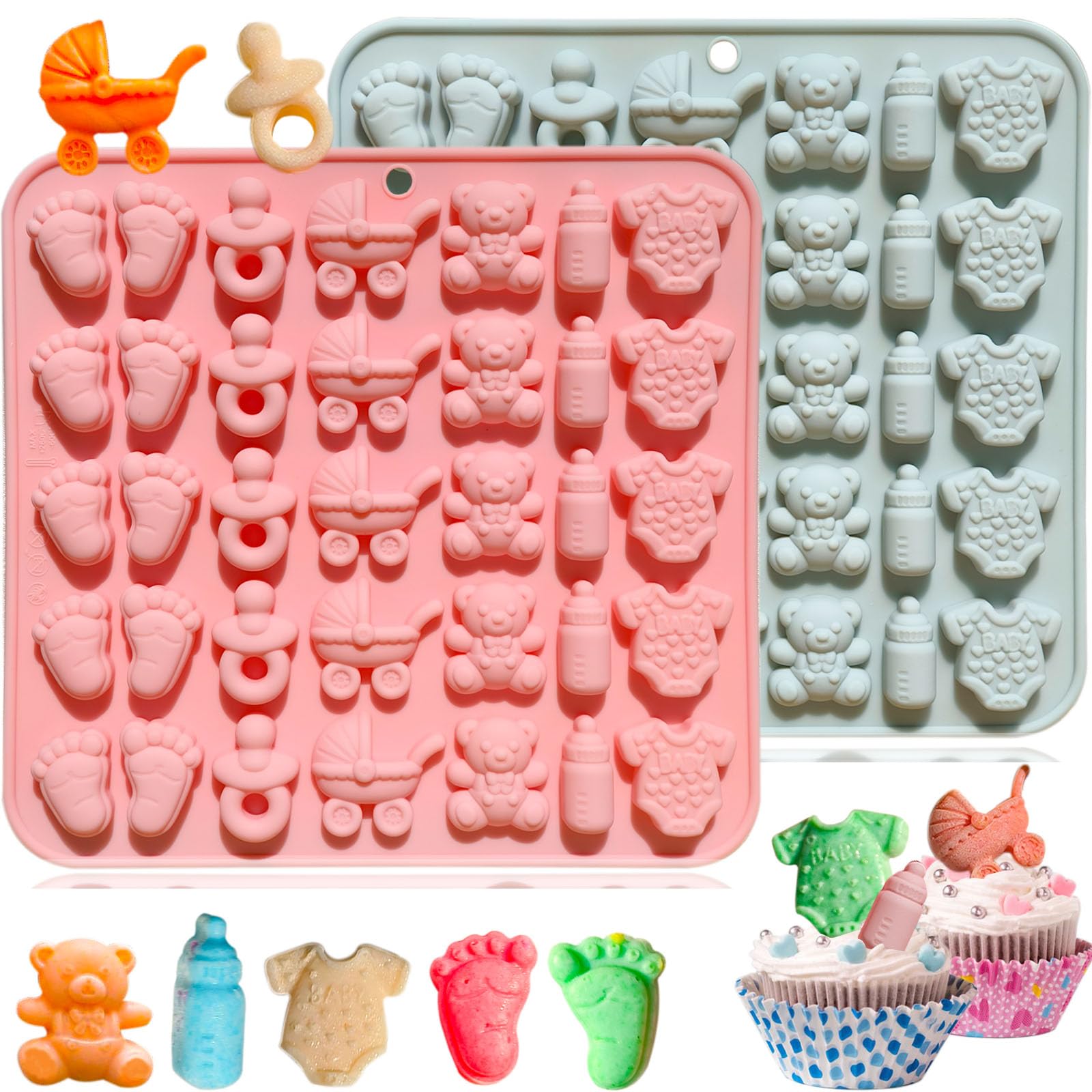 2 moldes para baby shower, chupete de biberón para bebé, bebé, baby shower, molde de chocolate para chocolate, caramelo, galletas, gelatina, cubitos de hielo, gomitas, baby shower, fiesta, magdalenas