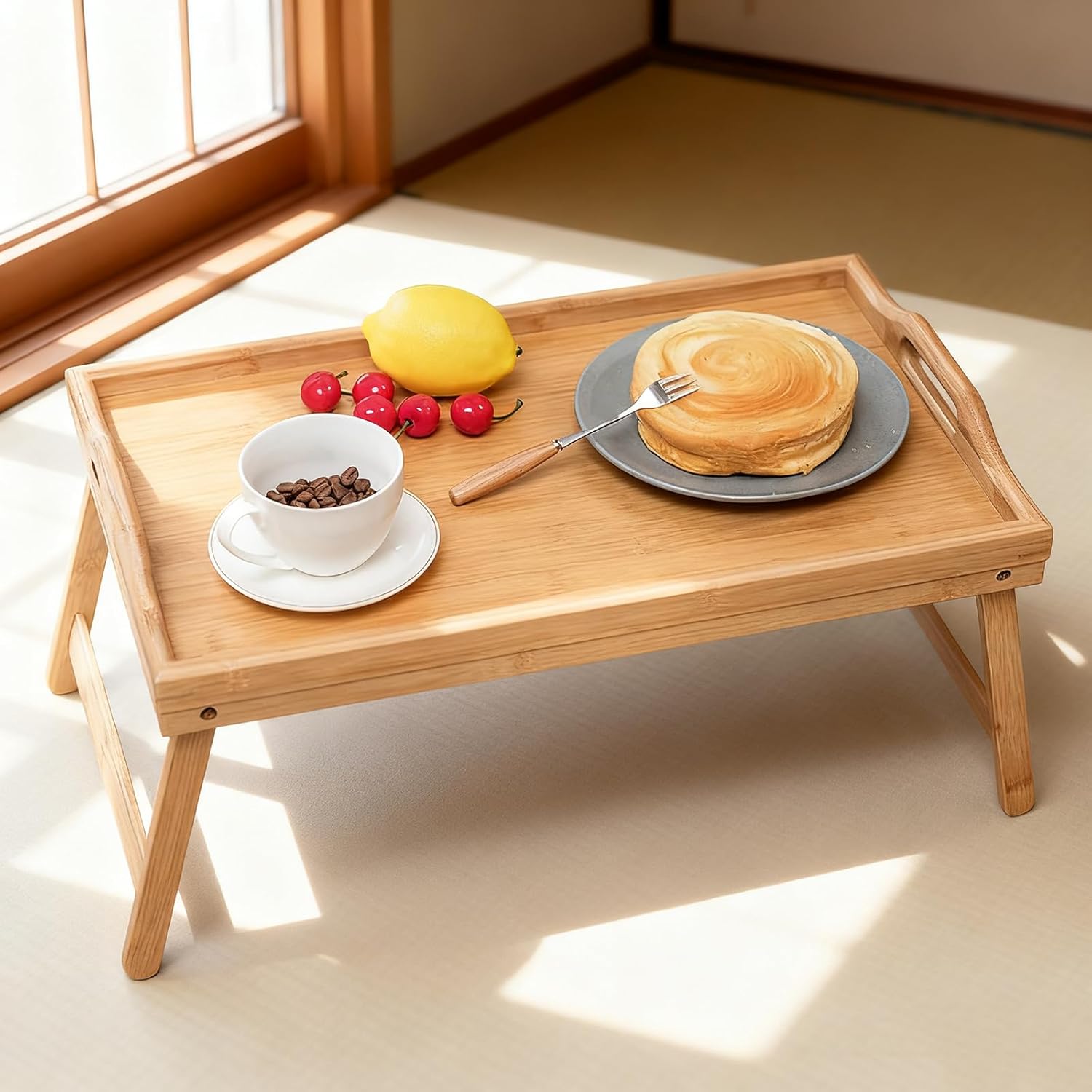 折りたたみ トレー テーブル 竹製 多機能 ベッド デスク 50x30x23.5cm 手提げ 耐熱 鍋敷き 収納 コンパクト