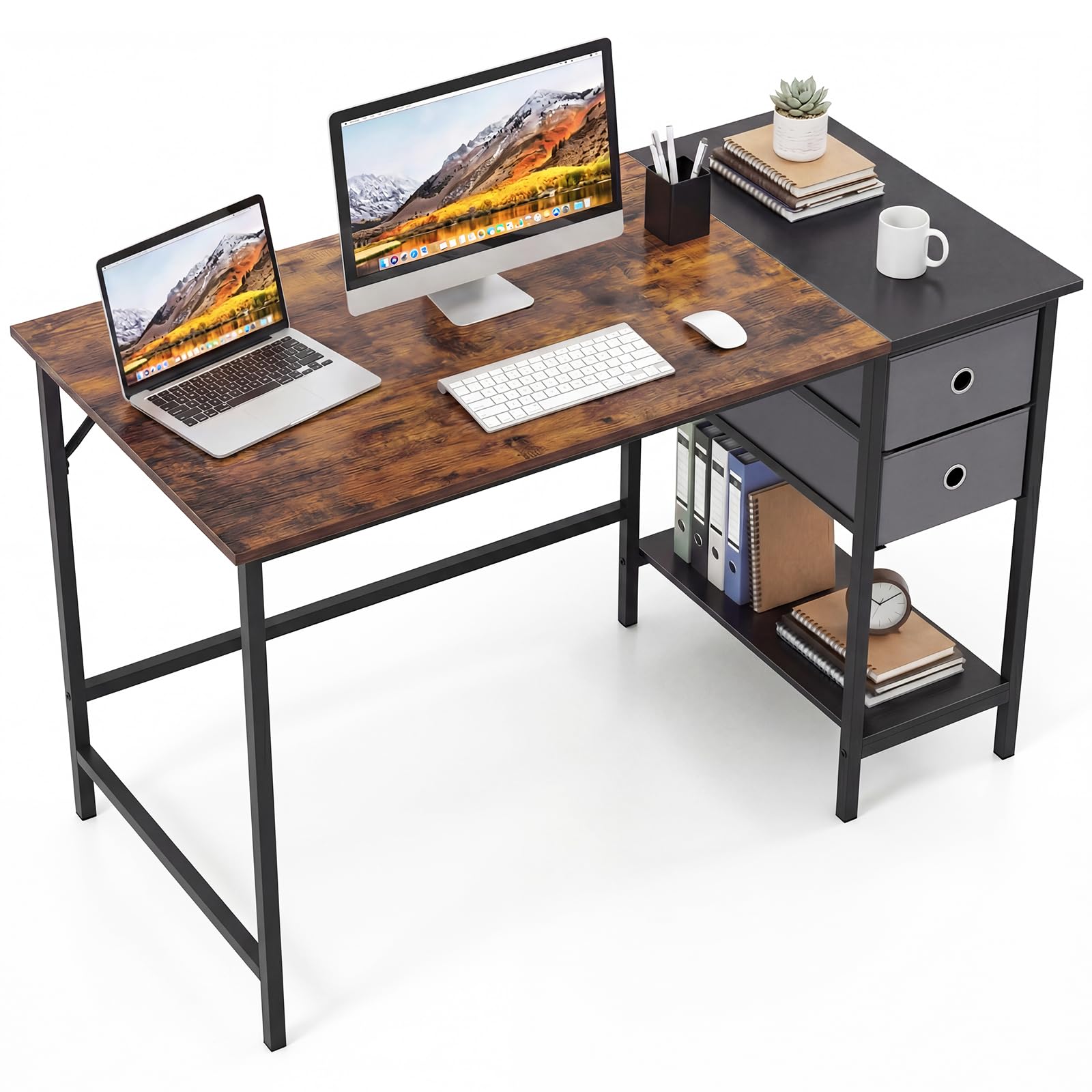 COSTWAY Scrivania per Computer, 120 x 60 x 75 cm, Scrivania Ufficio con 2 Cassetti e Ripiano, Tavolo Postazione di Lavoro, Studio e Lettura, Scrittoio Salvasapzio in Legno e Metallo (Marrone)