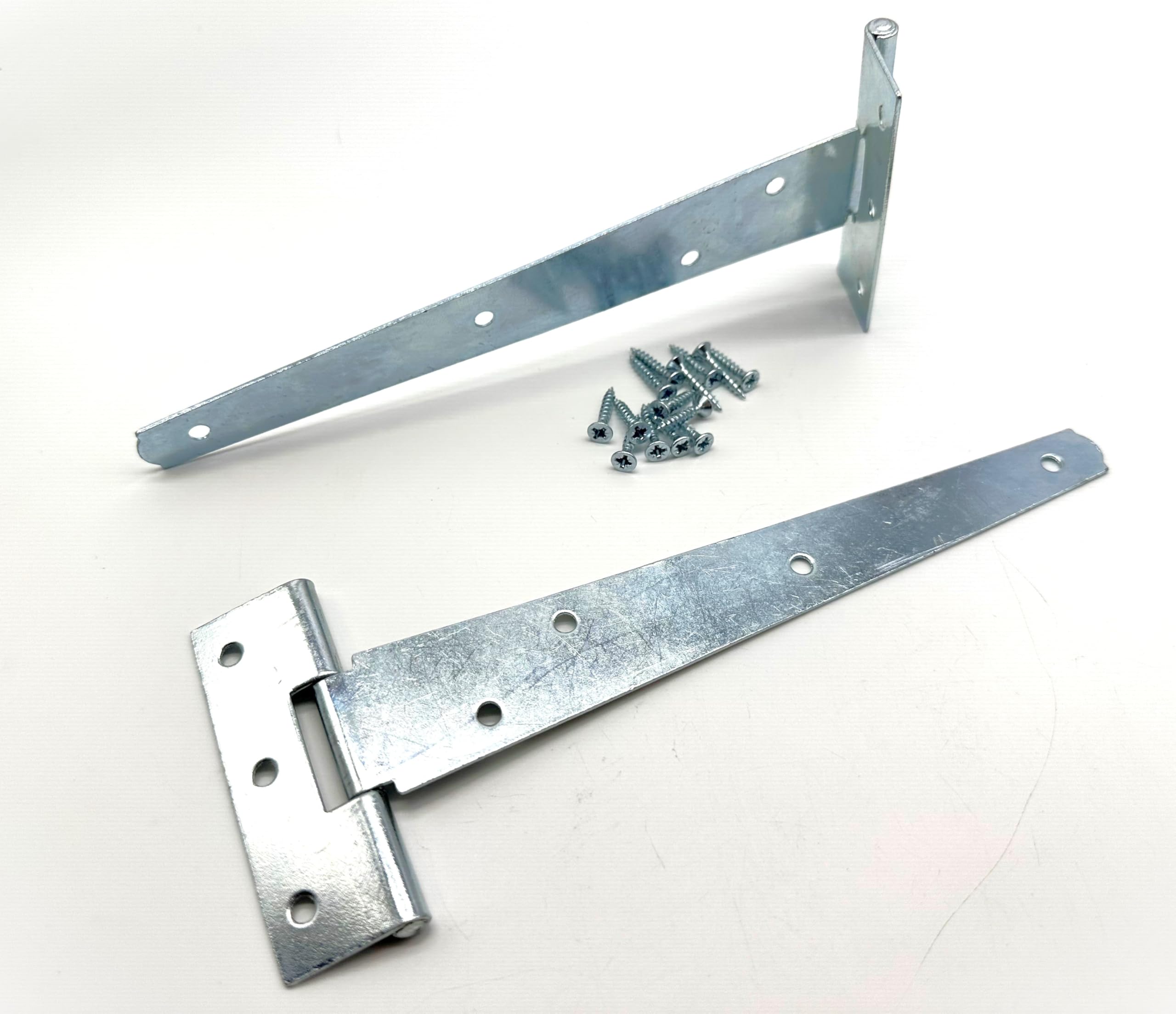 2PK 200mm Zinc Tee Hinges with Fixings. 8" T-Hinges for Garden Gates, Sheds and Doors. Strong Steel Construction, Corrosion and Weather Resistant. External Hinge Pack of 2 with Screws.