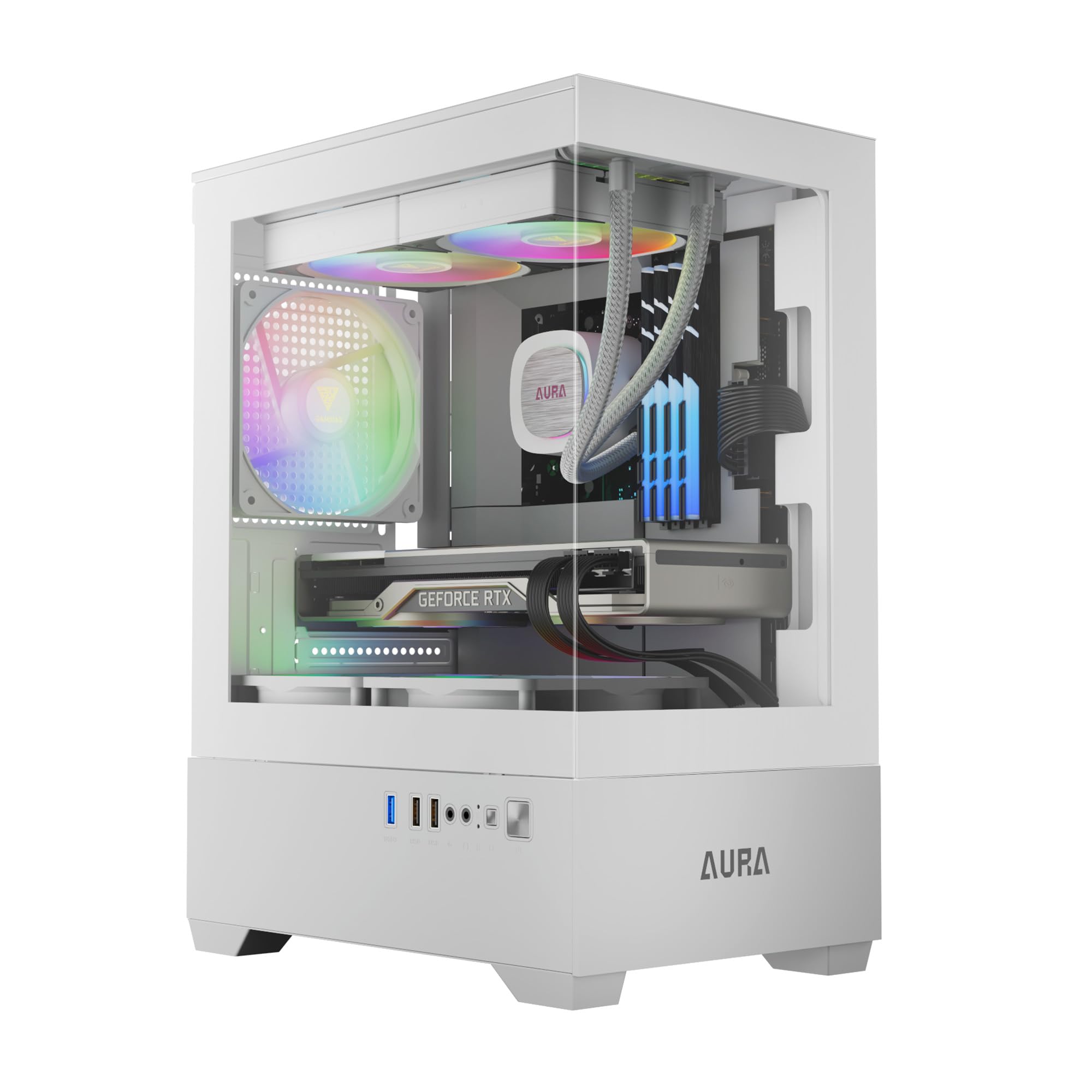 GAMDIAS Aura GC9M ARGB WH M-ATX Micro Tower PC-Gehäuse, Nahtloses Seitenteil aus Gehärtetem Glas, 3 Integrierte 120-mm-ARGB-Lüfter, Werkzeuglose Montage, Magnetischer Staubfilter, Weiß