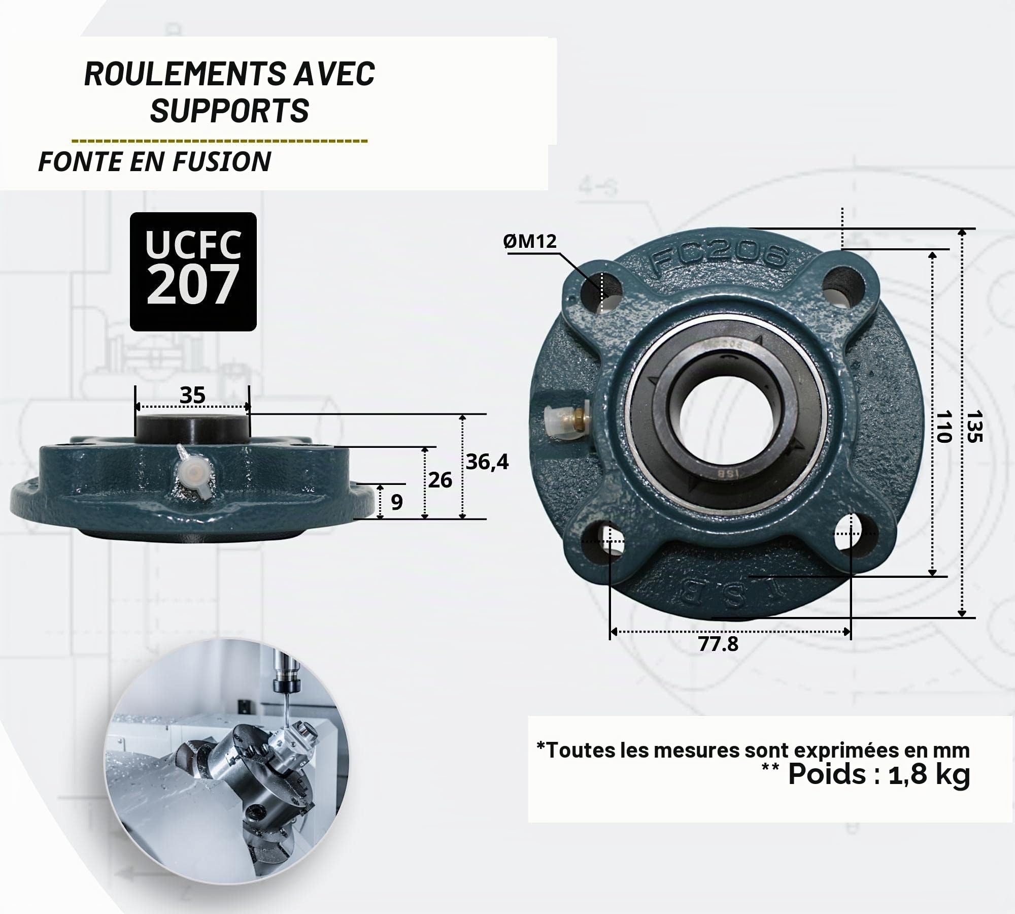 (PACK 2) DOJA Industrial | Roulements avec Support UCFC 207 Palier à Billes avec Support pour Axe de (40mm) roulements Paliers avec Supports pour : fraiseuse, Imprimante 3D, Tour, Bricolage.