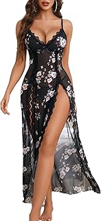 Women Lingerie Lace Babydoll Chemise Sexy Mesh Nightdress V Neck Nightwear Side Split Nightgown