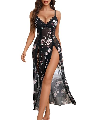 Avidlove Women Lingerie Lace Babydoll Chemise Sexy Mesh Nightdress V Neck Nightwear Side Split Nightgown - Black Flower - Large