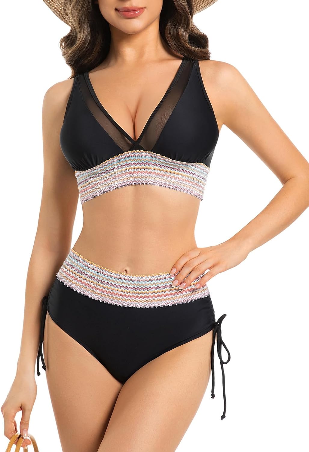 Women High Waisted Bikini Sets Tummy Control Swimsuits Colorful Wave Color Block Swimwear Two Piece Drawstring Bathing Suit