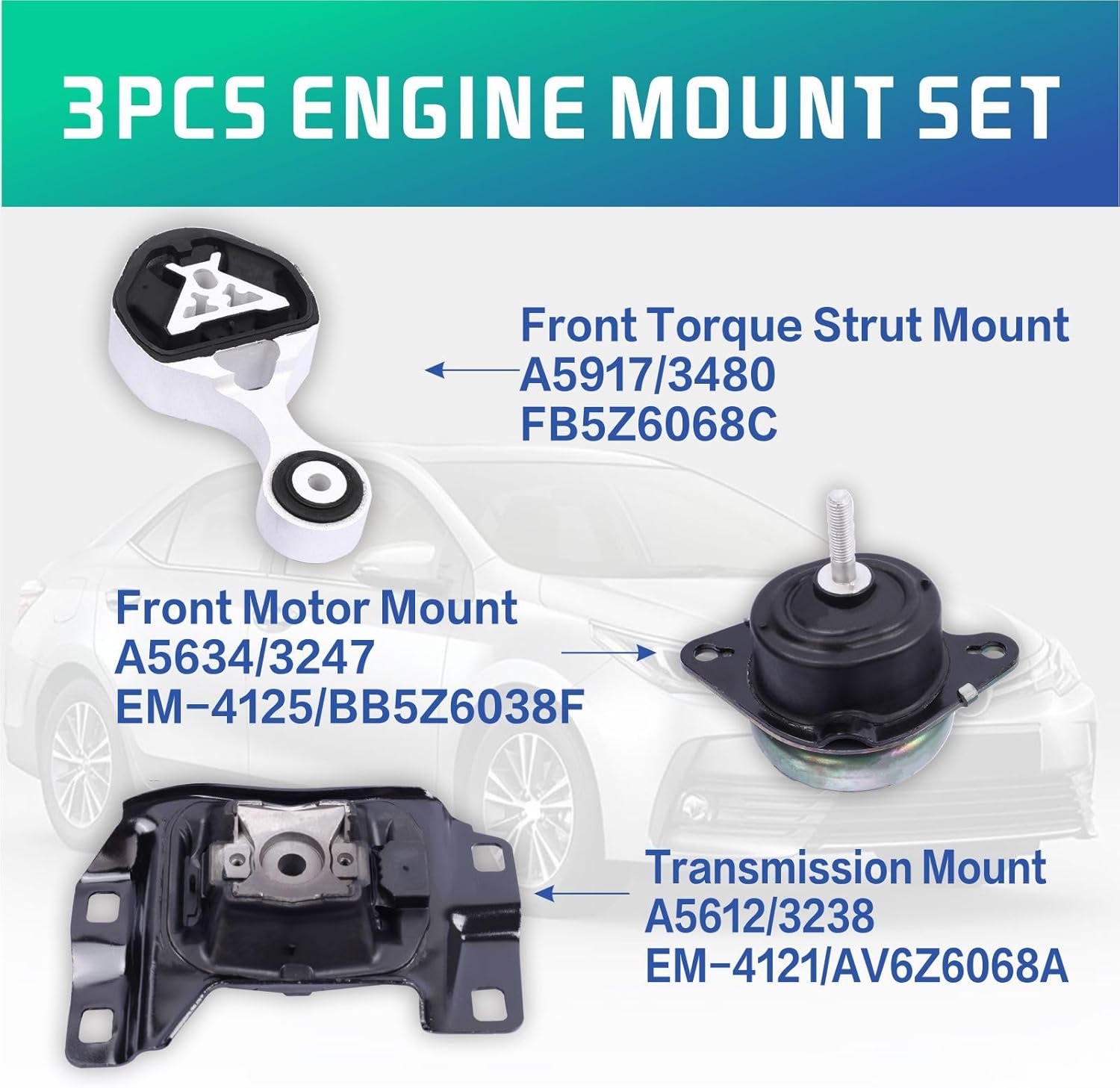 Engine Motor and Transmission Mount Kit Compatible with 2016-2019 Ford Explorer 2.3L L4 Turbocharged Automatic Transmission,Replace OE A5634 BB5Z6038F A5917 FB5Z6068C A5875 BB5Z6038G Set of 3 A5634 A5917 A5875