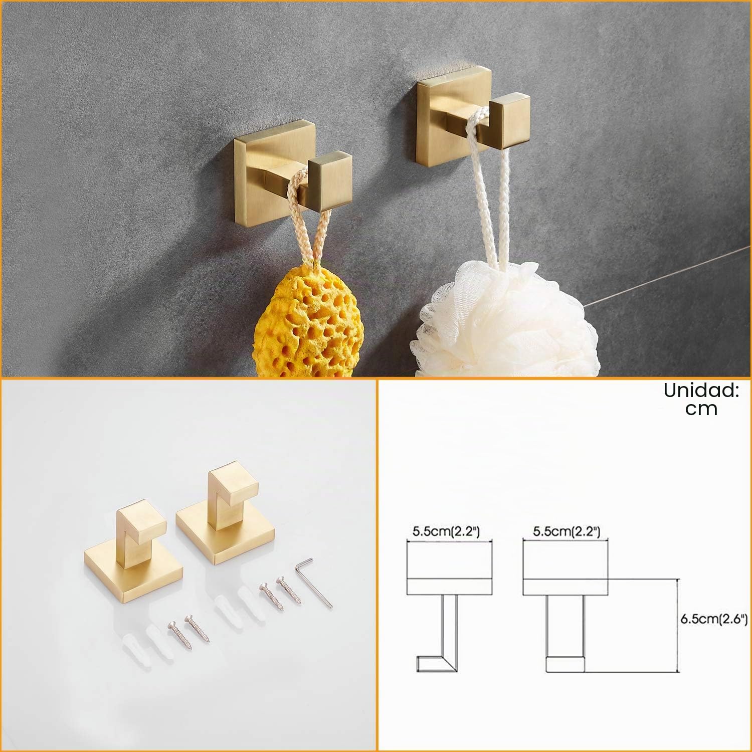 Beelee Conjunto de hardware de baño 5 piezas Dorado cepillado, montado en la pared Accesorio de baño moderno 304 acero inoxidable Barra de toalla Porta papel higiénico Ganchos para batas