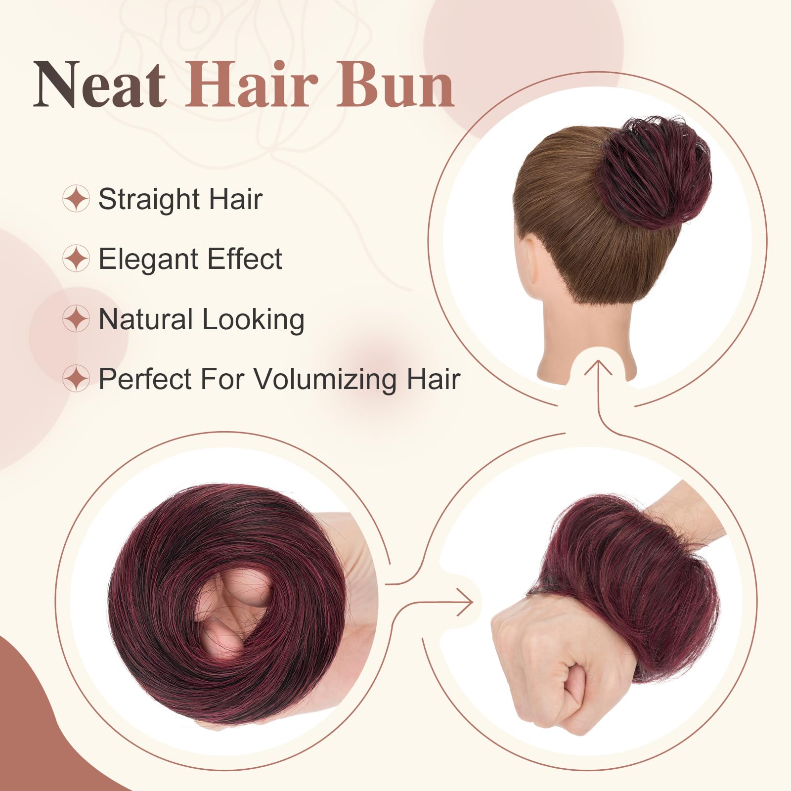 Elailite Hair Buns Real Remy Human Hair Scrunchy Updo HairPiece Extensions Donut Chignons Straight - #01/99J Jet Black Mix Wine Red - Image 4