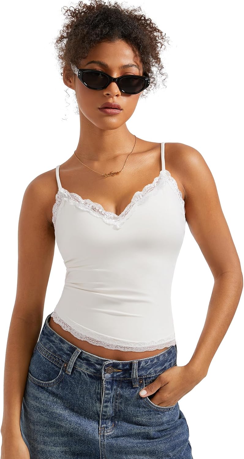 SUUKSESS Women Padded Lace Double Lined Tank Tops Sexy V Neck Summer Going Out Top