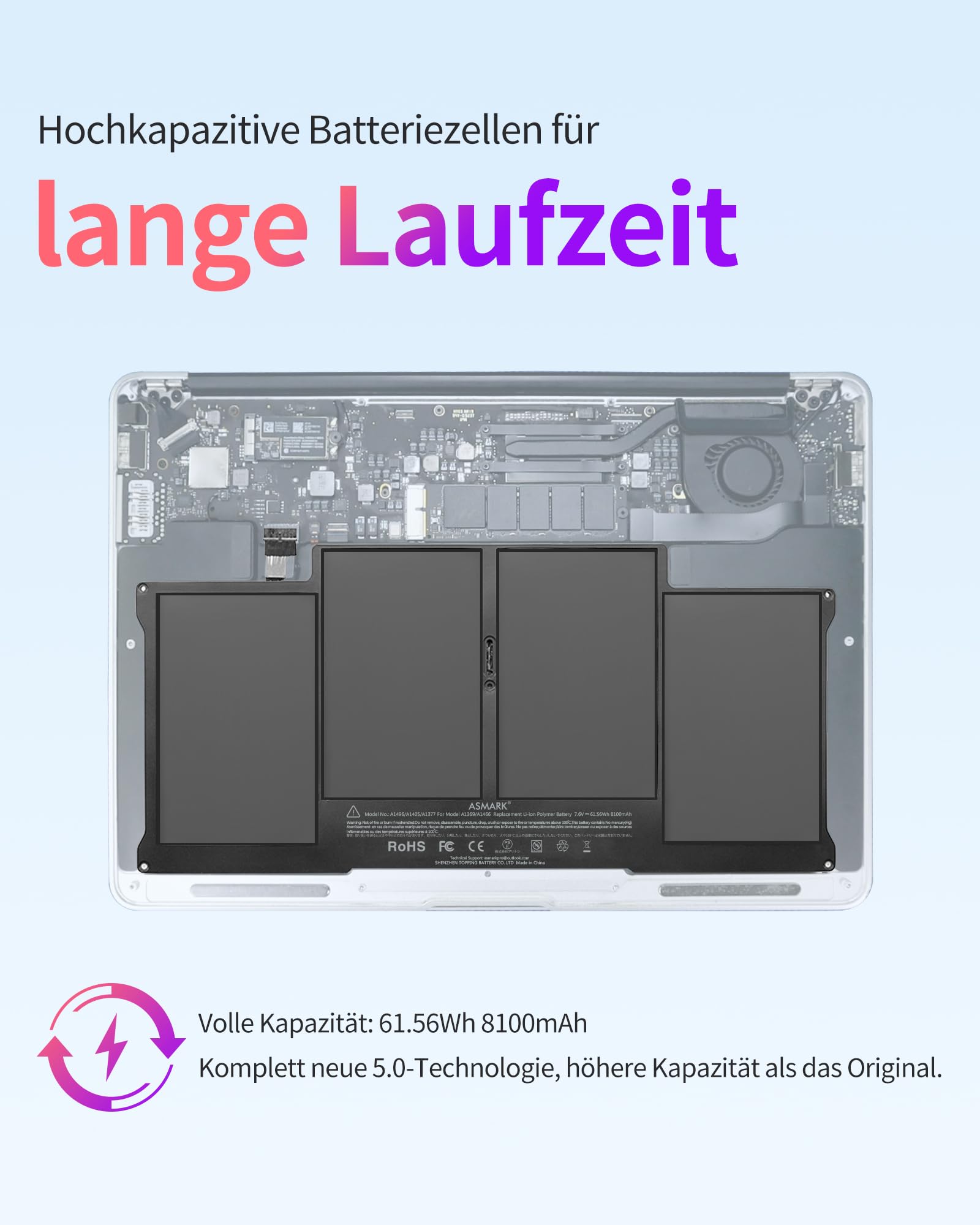 ASMARK MacBook Air A1466 Akku für 13-Zoll A1369(2010,2011) A1466(2017,2015,2014,2013,2012) Batterie A1377/A1405/A1496 Laptop Battery
