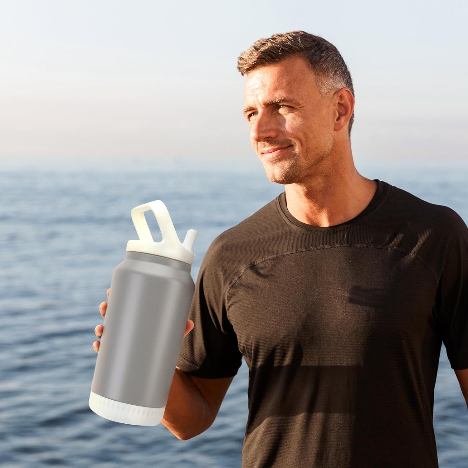 64 oz Insulated Water Bottle, Half Gallon Stainless Steel Vacuum Tumbler with Flip Straw Lid and Top Handle - Keeps Drinks Cold/Hot, Wide Mouth, Leak Proof, BPA-free, Non-slip Base (Grey) - Image 6