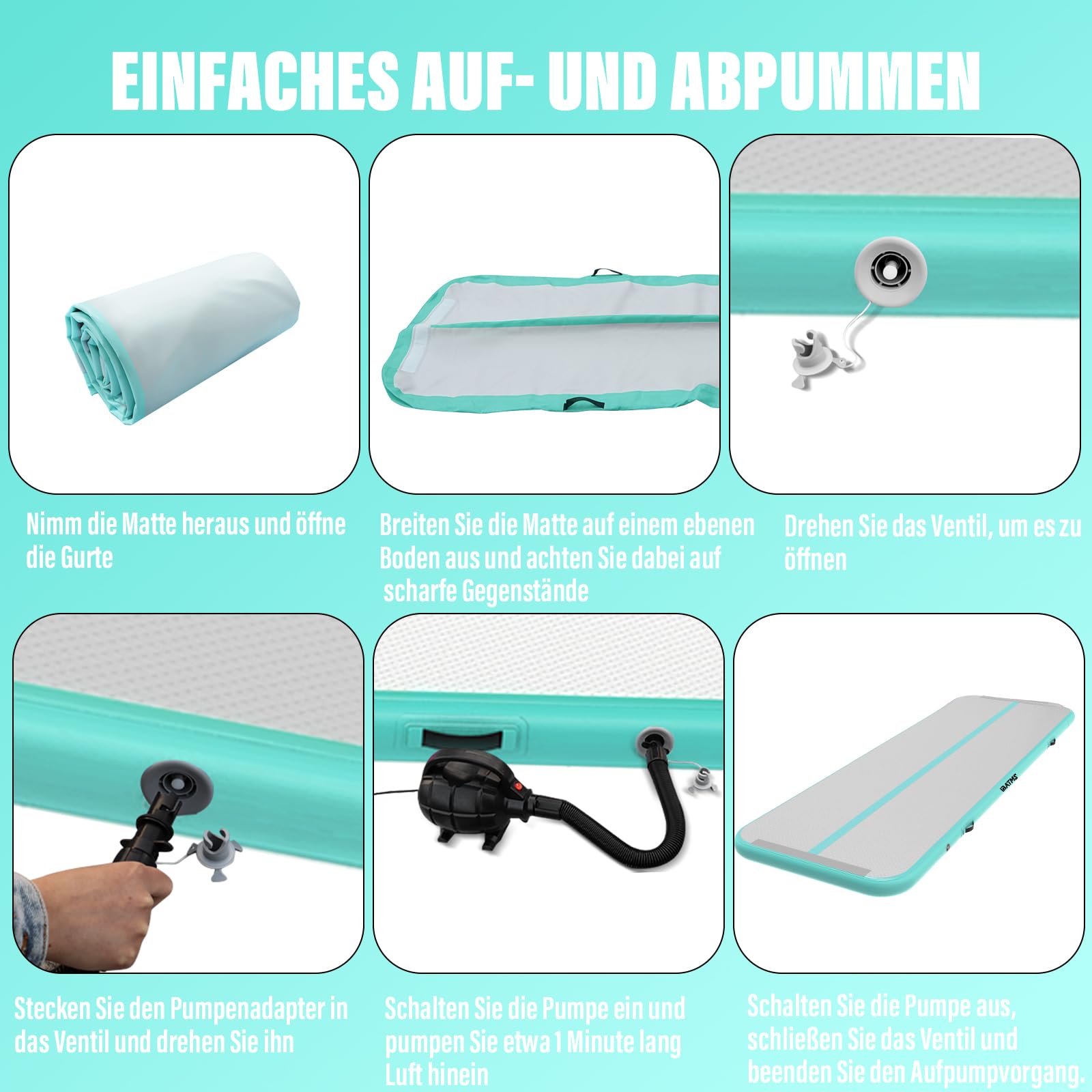 IBATMS Air Matte Track 3M 4M 5M 6M, Aufblasbare Turnmatte & Gymnastikmatte für Kinder, Tumbling Matte mit elektrischer Luftpumpe für Zuhause, Outdoor, Garten, Gymnastik & Training