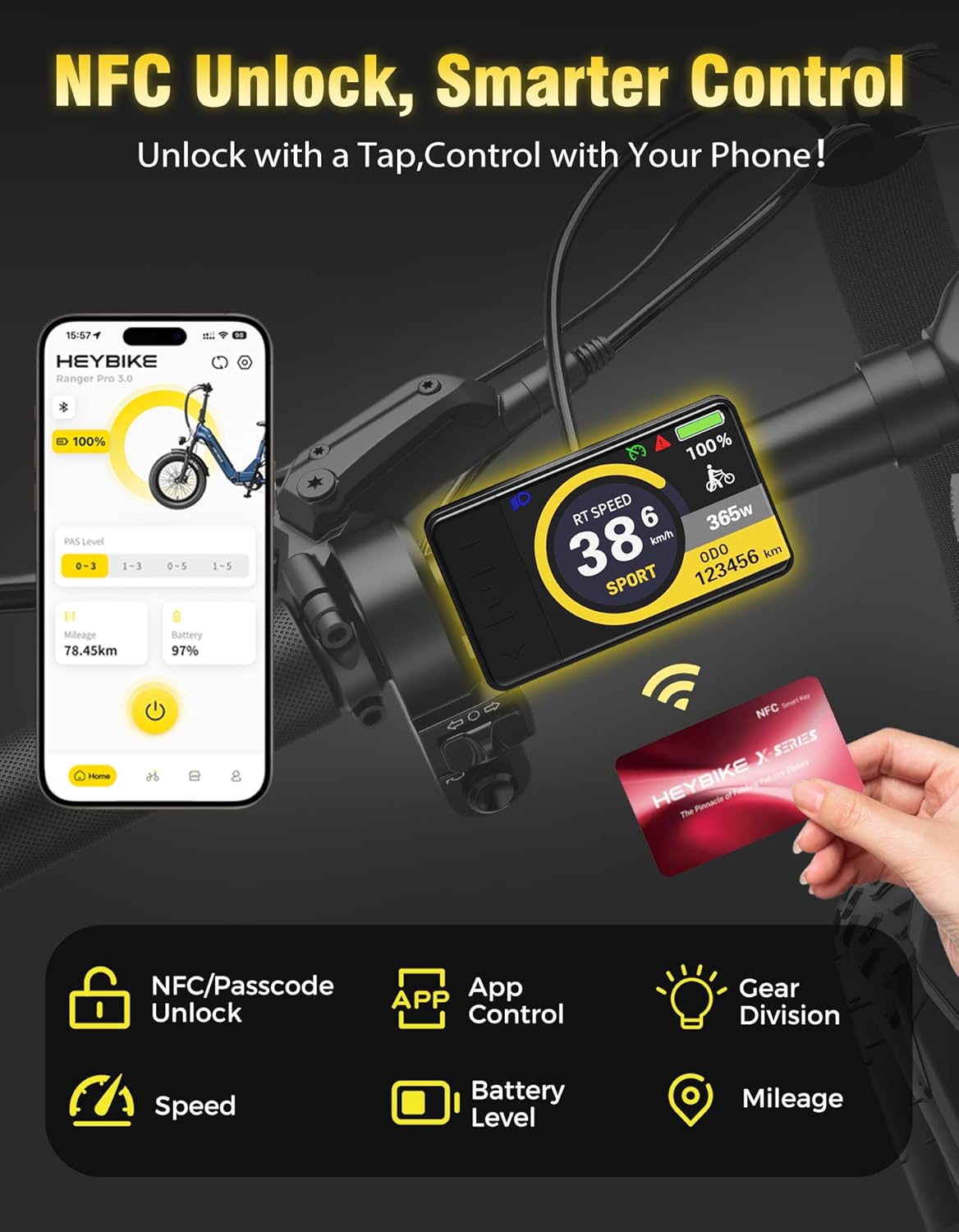 Heybike Ranger 3.0 Pro's smart TFT display, NFC card, and Heybike mobile app interface for controlling the ebike.
