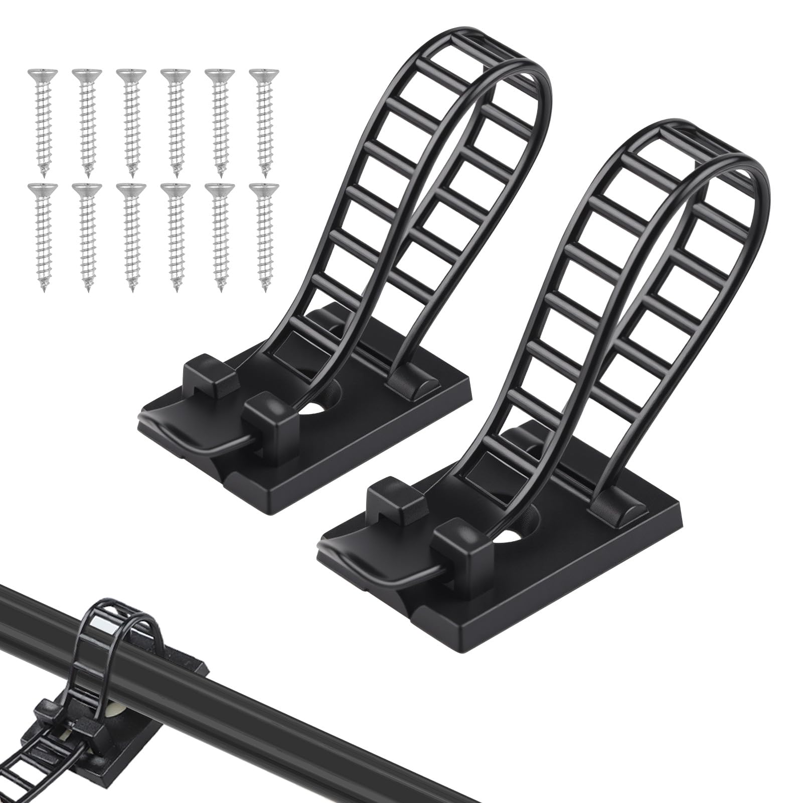 100PCS Adhesive Cable Tidy Clips with Screw Mount Nylon Sticky Cable Zip Ties Multi Stage Adjustable Reusable Cable Management Clips Organiser for Home Office Workshop Under Desk PC Wall Black