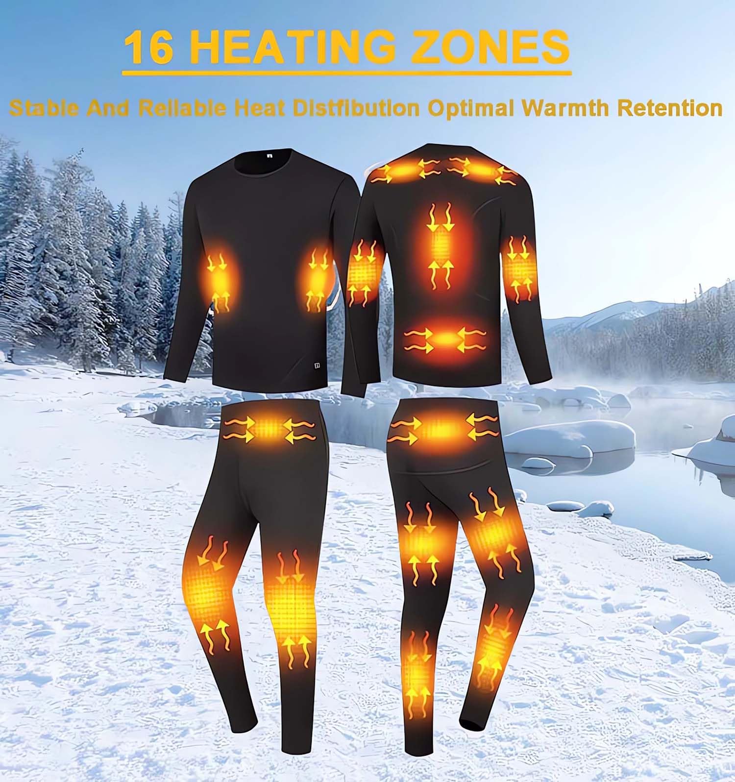 Conjunto de Ropa Interior térmica con calefacción, Ropa Interior Térmica Hombre, con 16 Zonas de Calentamiento, Ropa Termica para Esquí Pesca Caza Moto (No Incluye Batería)