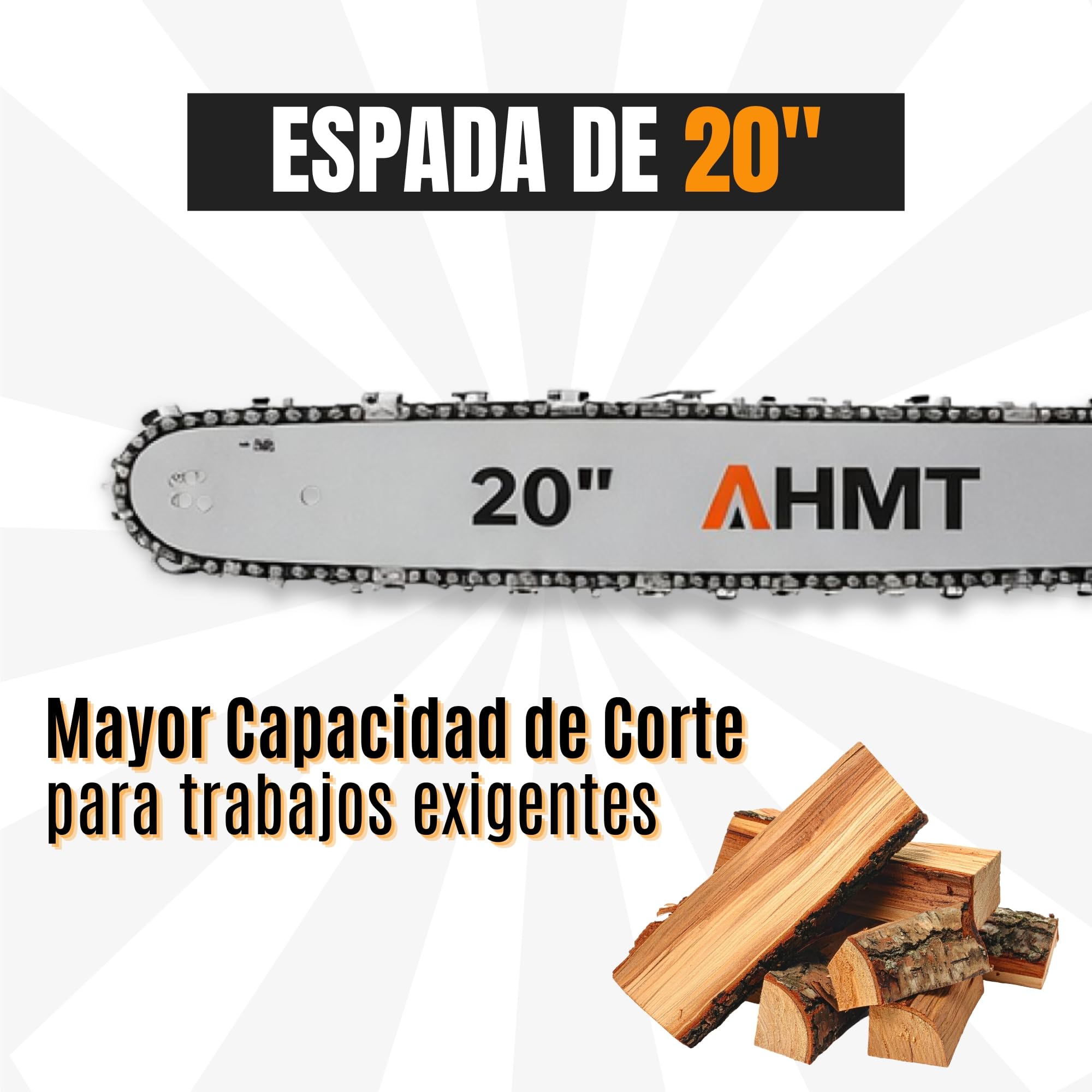 Motosierra Gasolina 52cc Potente y Segura – Espada de 20" con Punta de Piñón, Freno de Cadena, Bomba Automática de Aceite – Ideal para Cortar Leña, Troncos Gruesos | Uso Bricolaje y Jardín