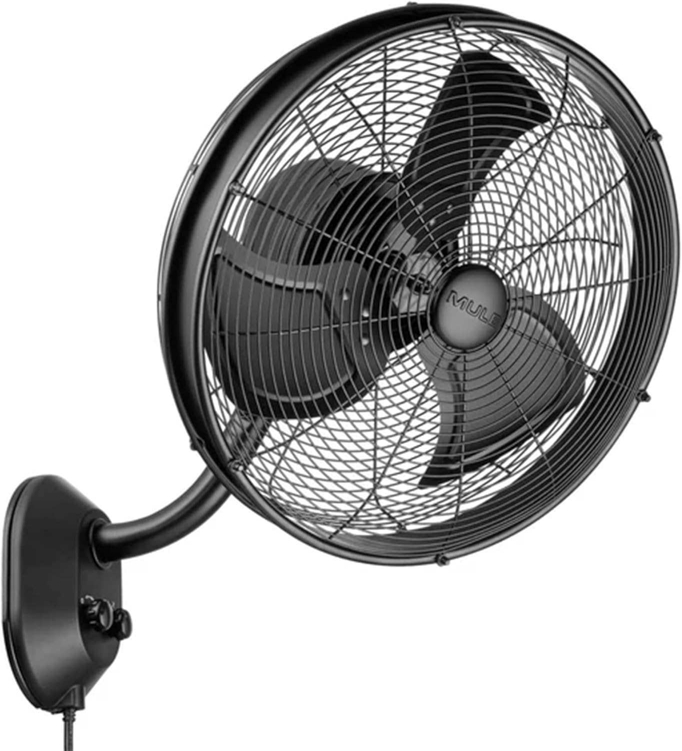 MULE Outdoor KWIK Install Wall Mount Oscillating Wet Rated Fan, Strong Airflow, 3 Speeds, 300 Degree Oscillation, 8 Foot Corded Electric, Matte Black