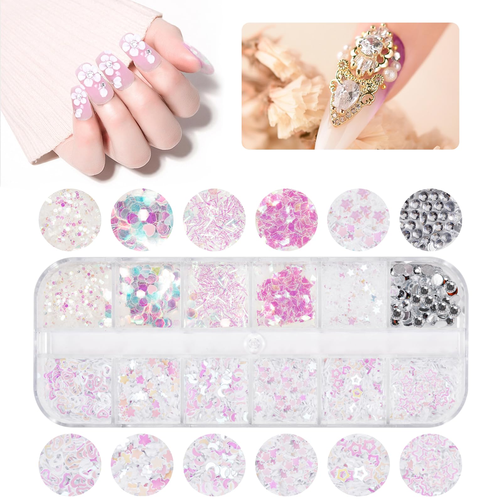 Lot de 5600 pierres strass pour ongles - 36 couleurs - Pierres à paillettes - Pour décoration des ongles - Avec stylo à cire pour strass et strass