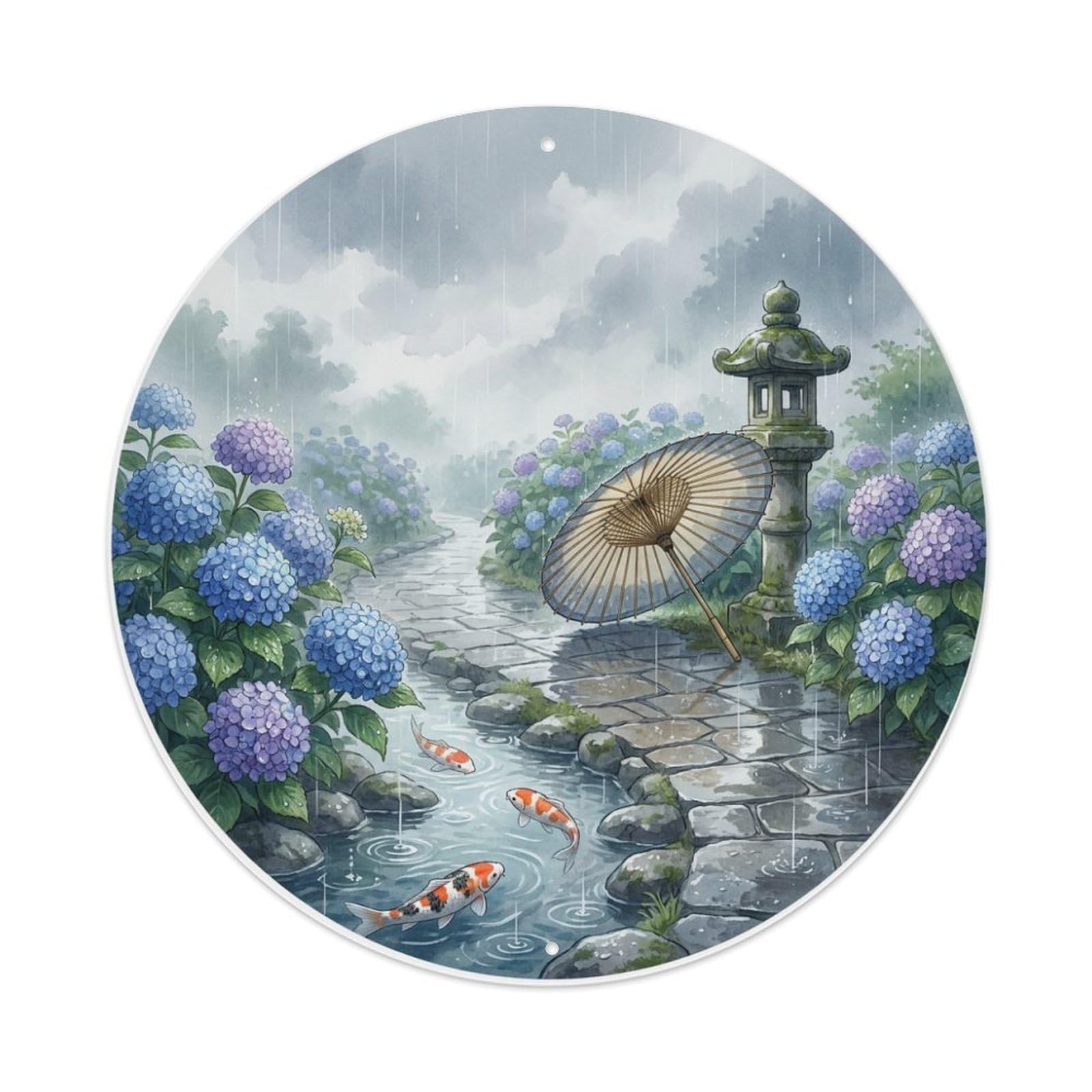 Tgrcjimh Style Metal Tin Sign Japanese Koi Fish Hydrangea Rain Blue Gentle
