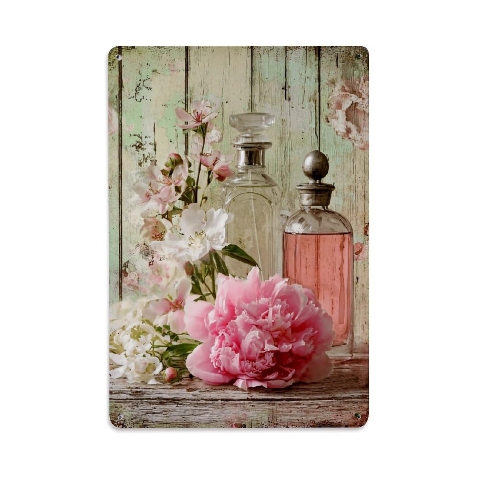 Nestemfo Vintage Floral Perfume Bottle Arrangement Tin Sign Metal Sign, Living Room,Bar, Home, Bedroom Wall Decor,Retro Metal Poster 8X12 Inches
