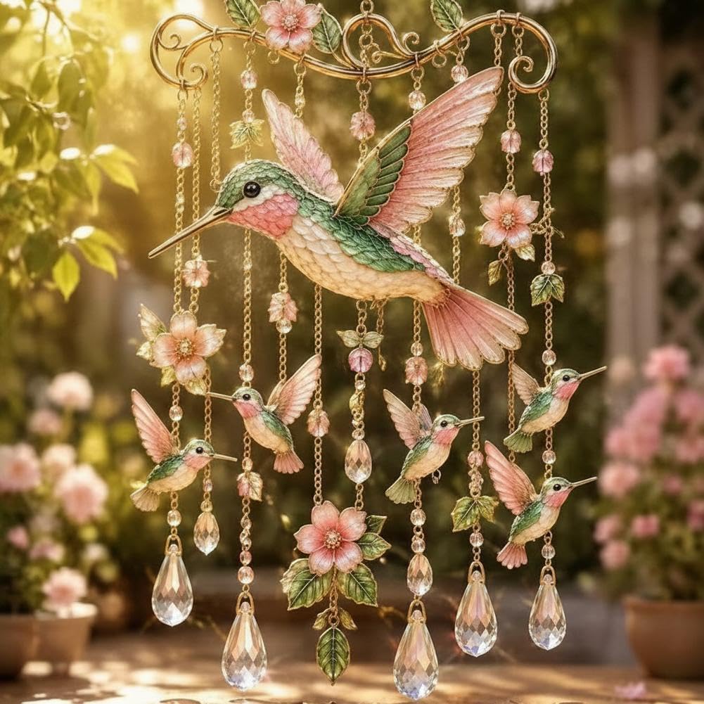 Graceful Hummingbird Wind Chime,Wind Chimes for Outside, Stained Glass & Crystal Sun Catcher Windchime, Decorative Hummingbird Windchimes for Garden,Memorial Gardening Gift for Women