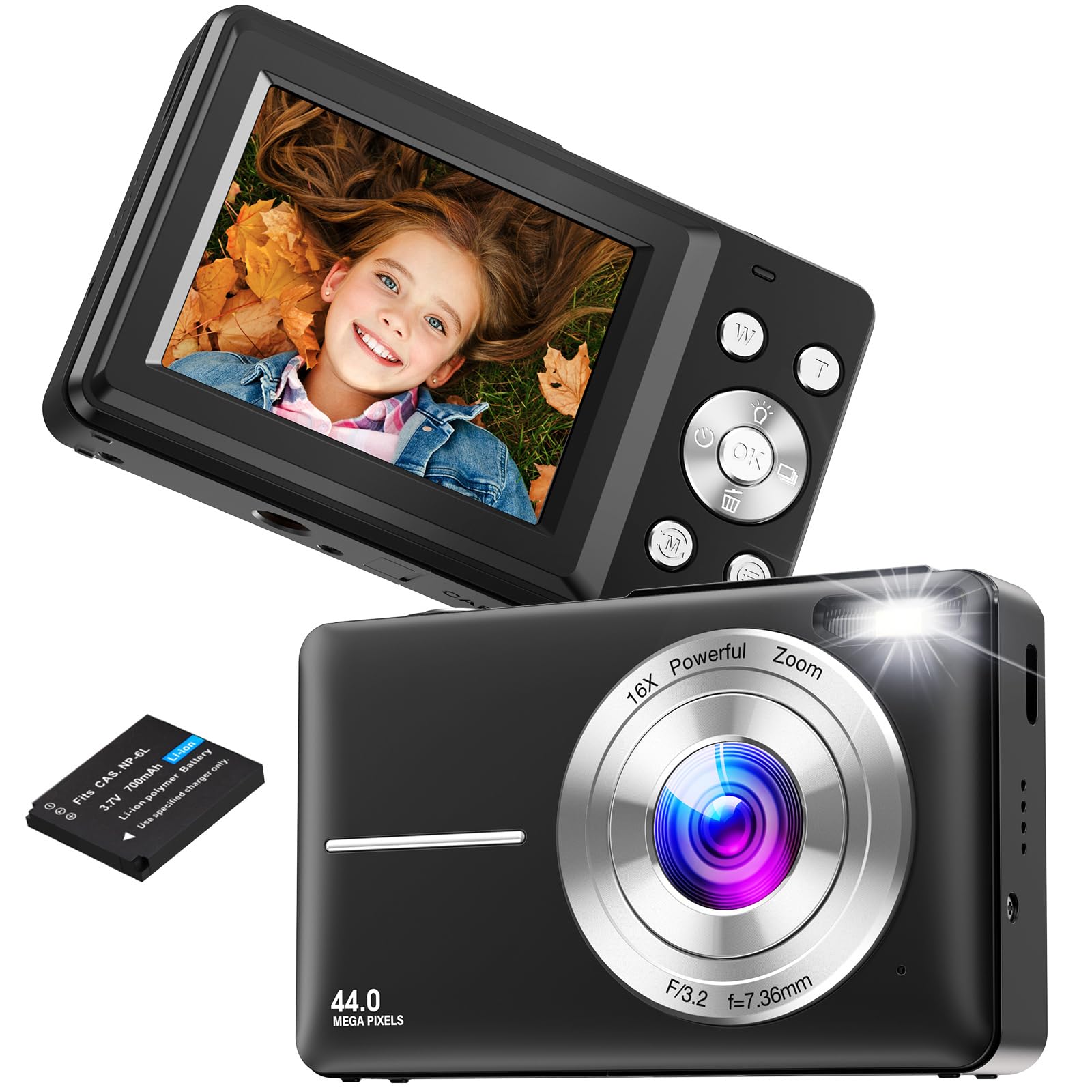 Fotocamera digitale, mini fotocamera portatile ricaricabile FHD 1080P 44MP fotocamera compatta con zoom digitale 16X, con 1 batteria per adolescenti, bambini, principianti (nero)