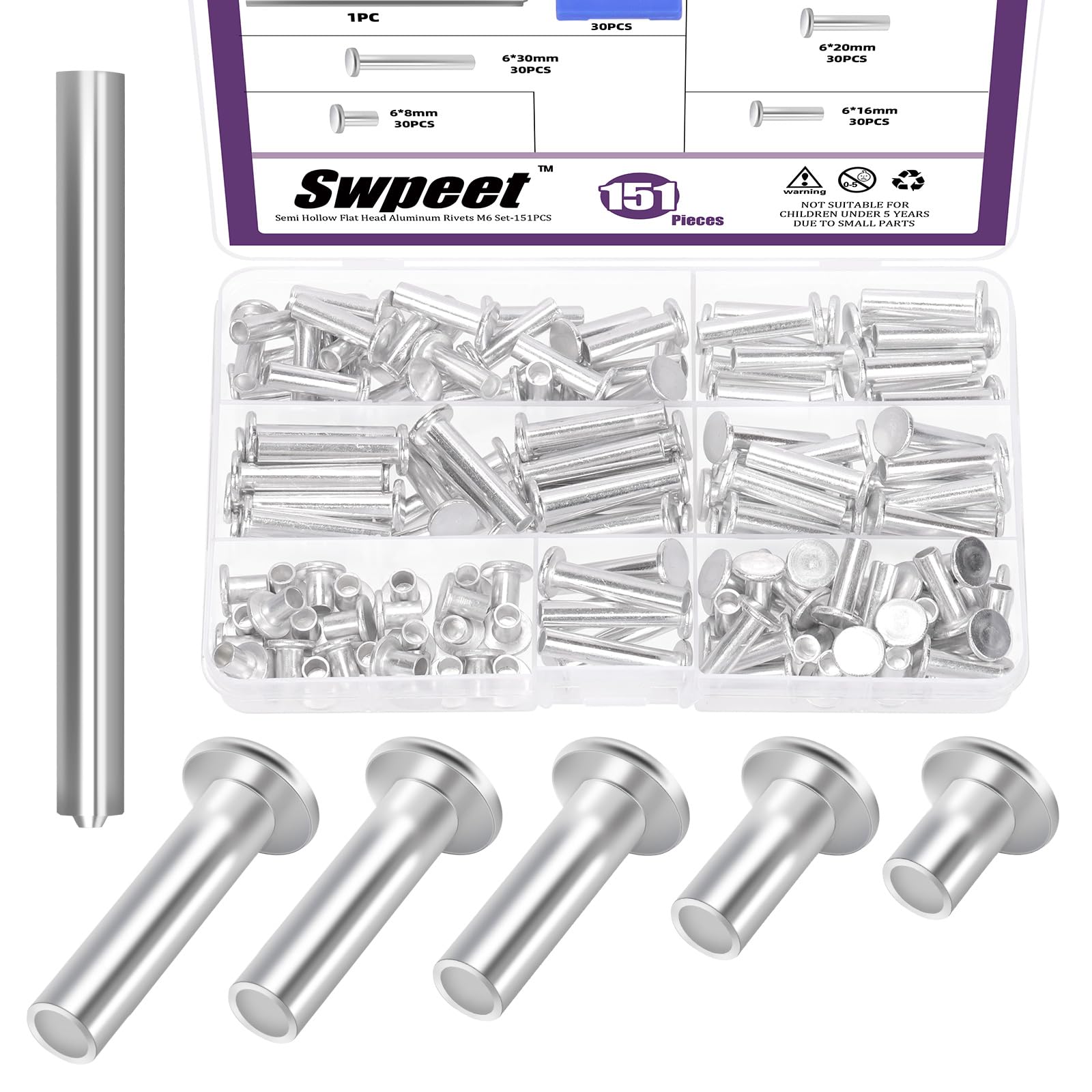 Swpeet 151Pcs 5 Sizes M6×8mm/16mm/20mm/25mm/30mm Aluminum Flat Head Semi Tubular Rivets with Punch Assortment Kit