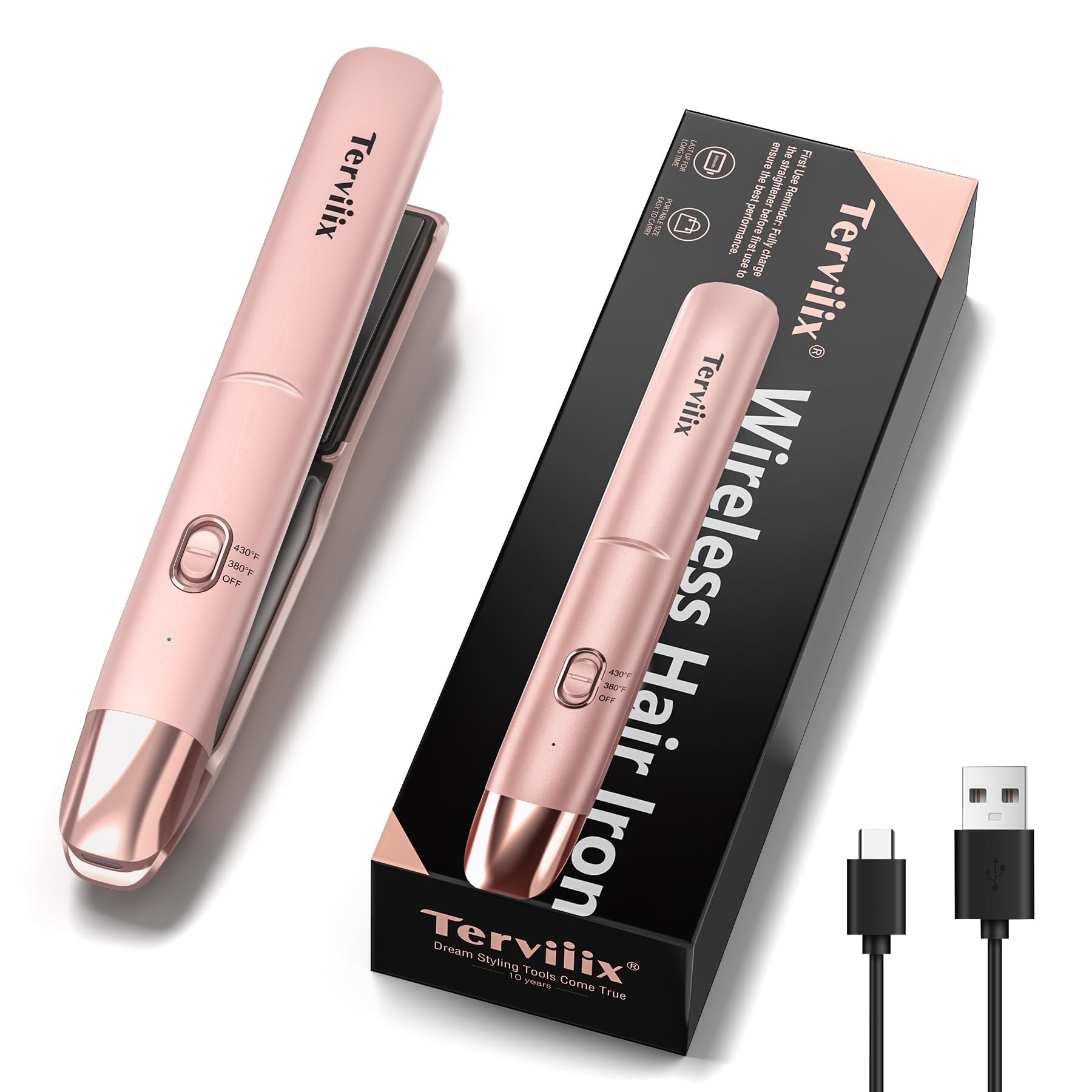 Terviiix Cordless Hair Straightener with USB-C charging cable connected