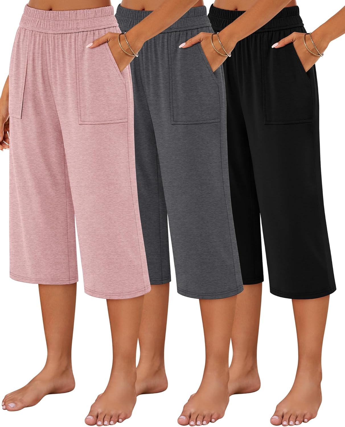 Neer 3 Pack Women's Capris Pants Cotton Wide Leg Sweatpants Lounge Casual Loose Fit Cropped Jogger Yoga Pant with Pockets