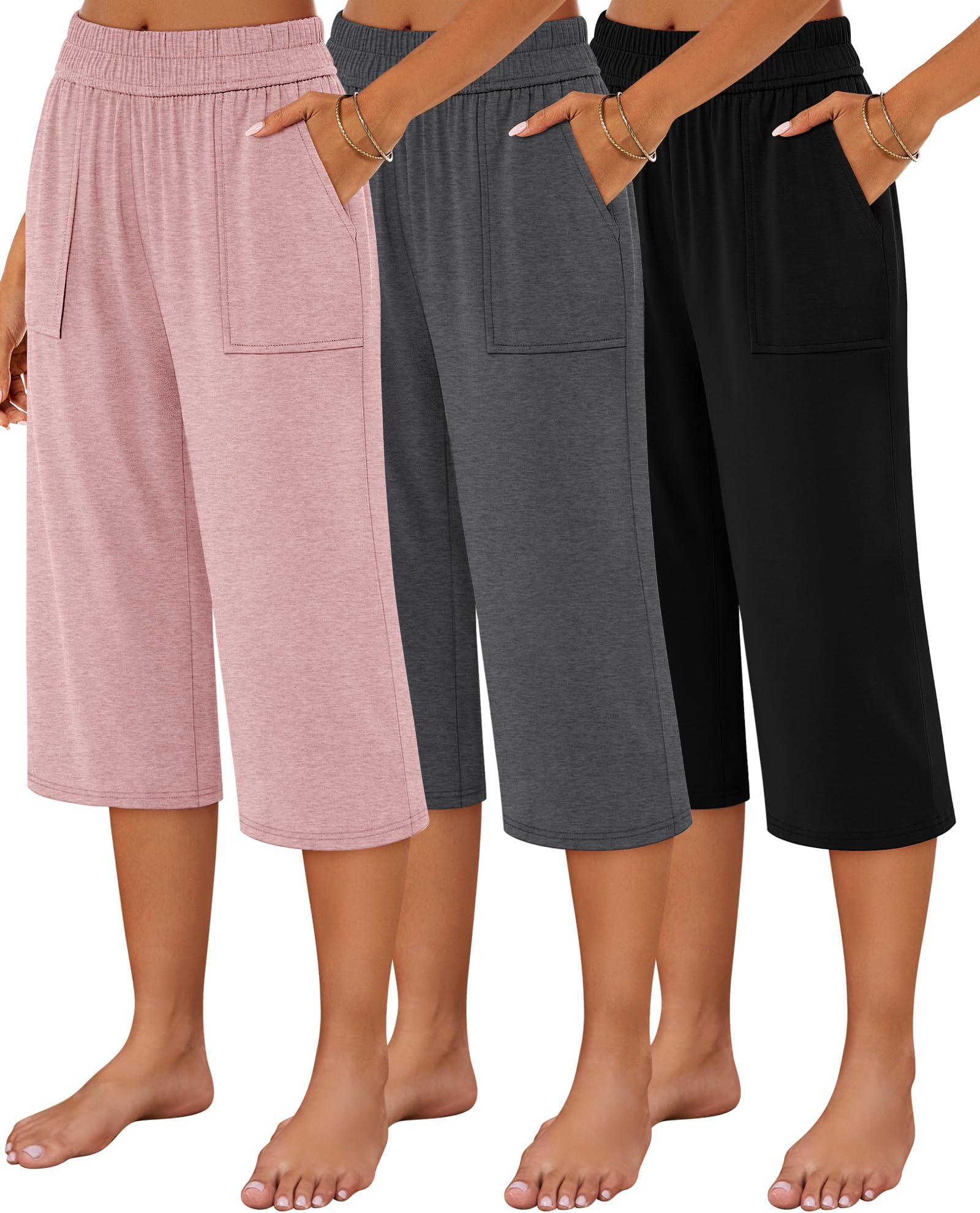 3 Pack Women's Capris Pants Cotton Wide Leg Sweatpants Lounge Casual Loose Fit Cropped Jogger Yoga Pant with Pockets