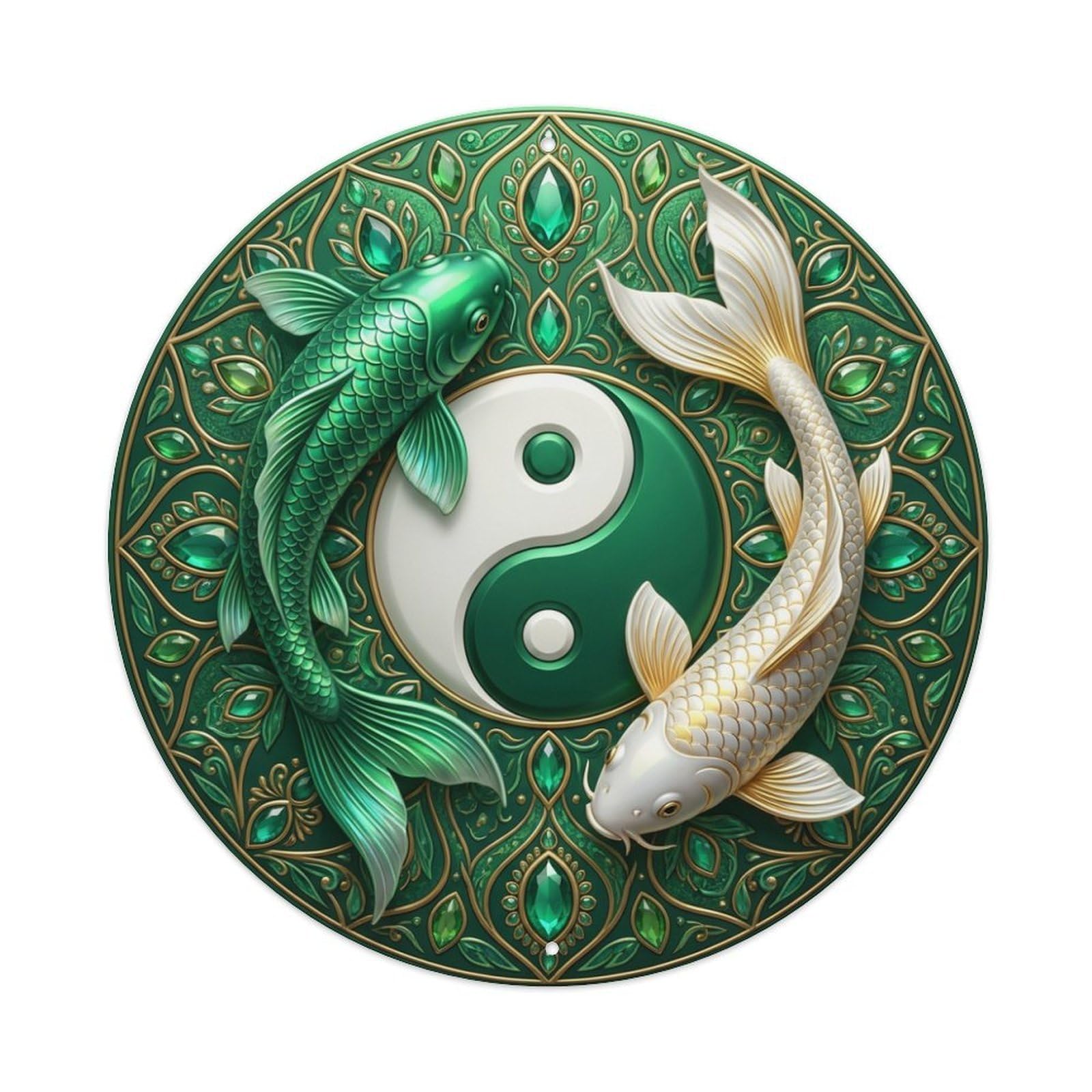 Tgrcjimh Style Metal Tin Sign Tai Chi Koi Fish Emerald Green Gem Jewel Rich Vibrant