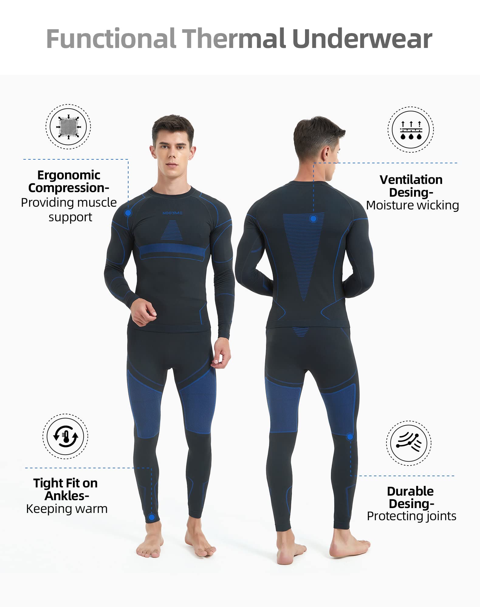 NOOYME Intimo Termico Uomo Traspirante Asciugatura Rapida Set Termica Uomo per L'attività all'Aria Aperta Ideale per Sci Pesca Alpinismo Ciclismo Allenamento Corsa Autunno Inverno