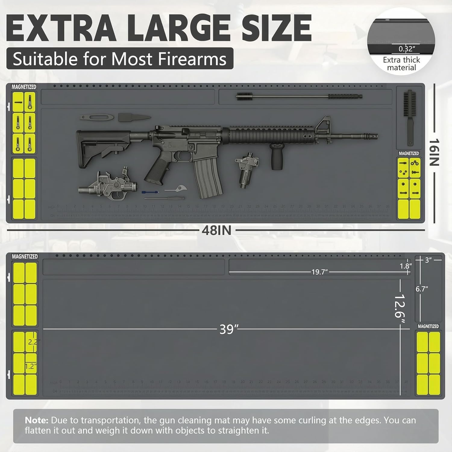 Gun Cleaning Mat 48" x 16", Extra Large Magnetic Mat with 18 Strong Magnets and Parts Tray