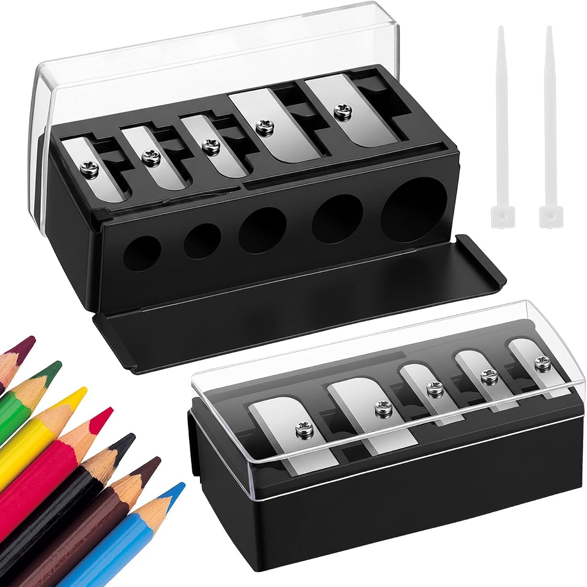 2 Pack Makeup Pencil Sharpener, 5 Hole Cosmetic Sharpener with Lid, Dual Holes Manual Tool for Eyeliner Eyebrow Lip Pencils - Portable Travel Beauty Accessories (Black)