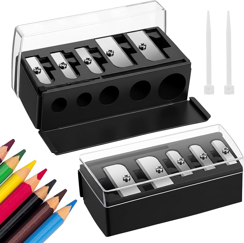 2 Pack Makeup Pencil Sharpener, 5 Hole Cosmetic Sharpener with Lid, Dual Holes Manual Tool for Eyeliner Eyebrow Lip Pencils - Portable Travel Beauty Accessories (Black)