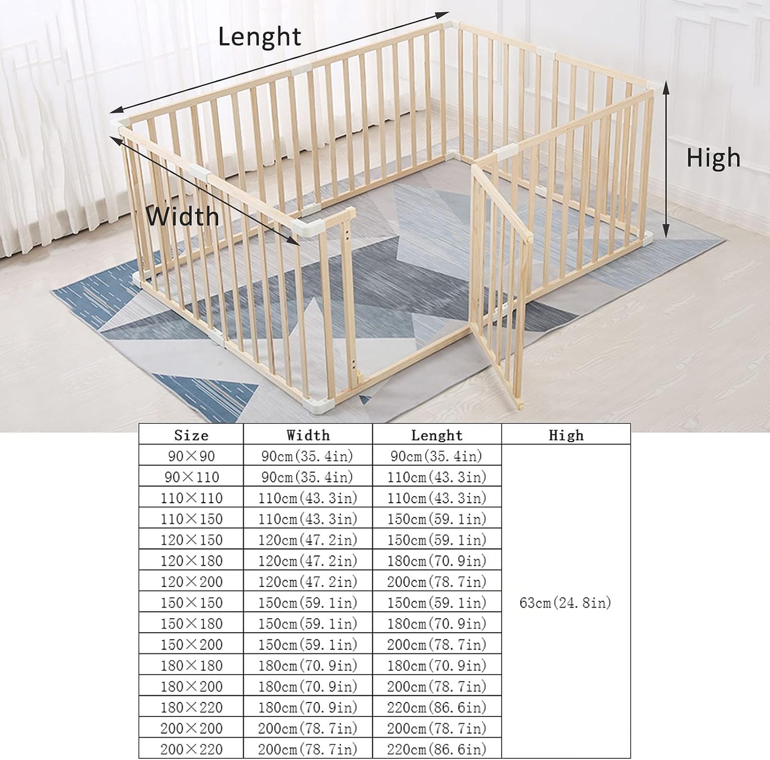 Jolan Baby Playpen Wooden,Detachable/Portable,Baby Fence with Door,Indoor Outdoor Large Safety Playard Playpen,63cm Height,Activity Center Playpen for Twins,Toddlers,Children,110×110cm