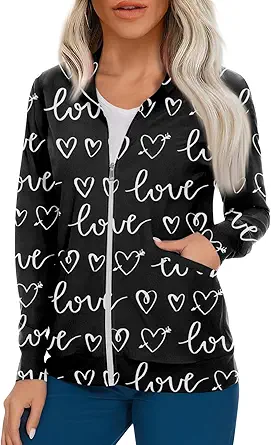 Scrub Jackets for Woman Zip Up Long Sleeve Tops Print Plus Size Womens Scrubs for Women Nursing Shirts with Pockets