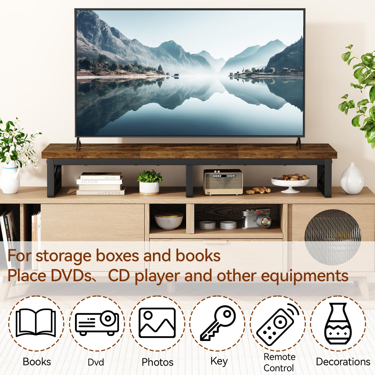IBUYKE Meuble TV pour Télévision jusqu'à 60 Pouces,Support TV Court de Table,Support Télé avec 2 étagères Banc,Bureau Double écran,Salon, Chambre, Cadre en Acier,Brun Rustique TVT002H