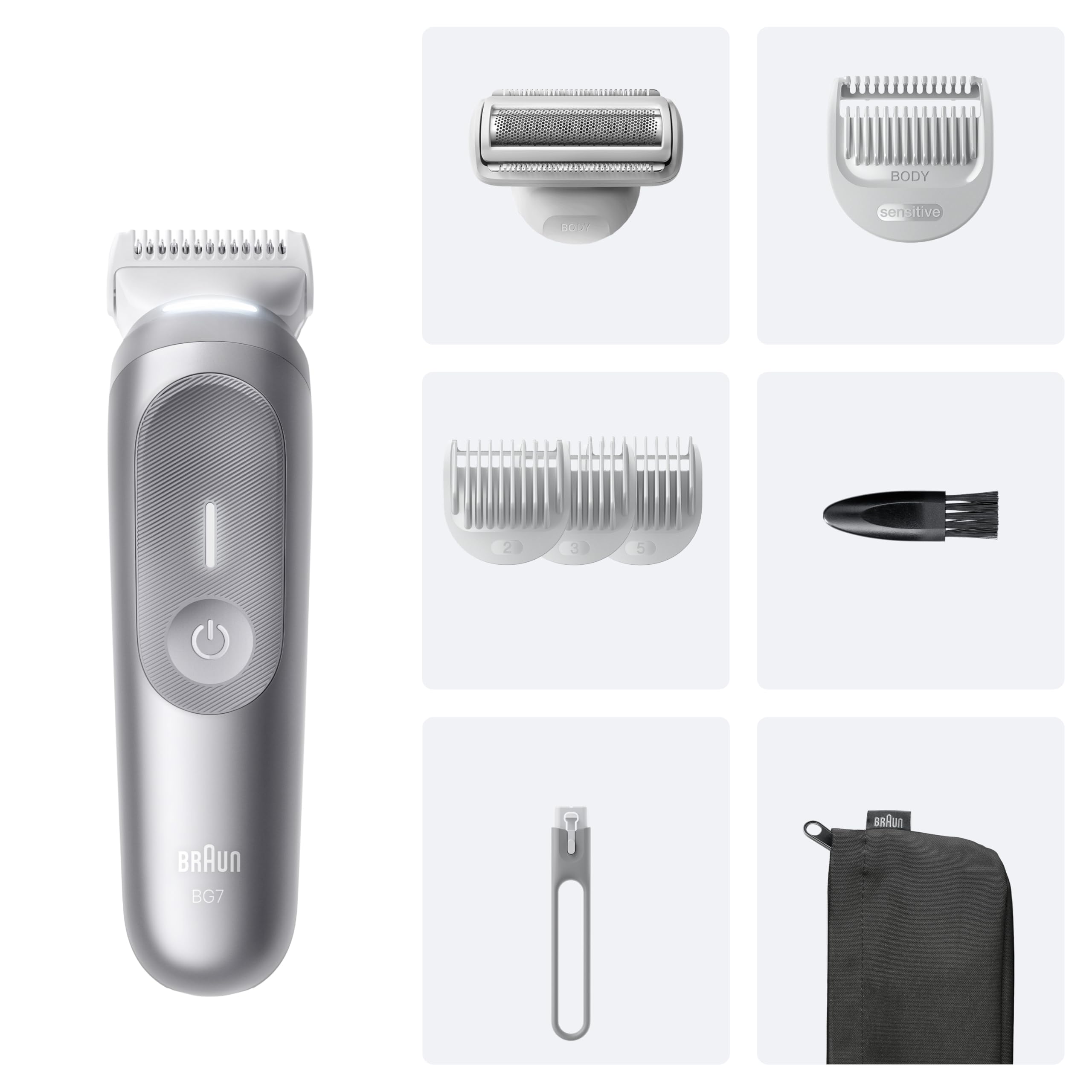 Braun Bodygroomer Series 7, Kabelloser Körperrasierer Herren, BG7555, Grau - Trimmer für Intimbereich und Körper, Körperhaartrimmer mit 100 Min. Akku, Wasserdicht, Inkl. 8 Zubehörteile Und Etui