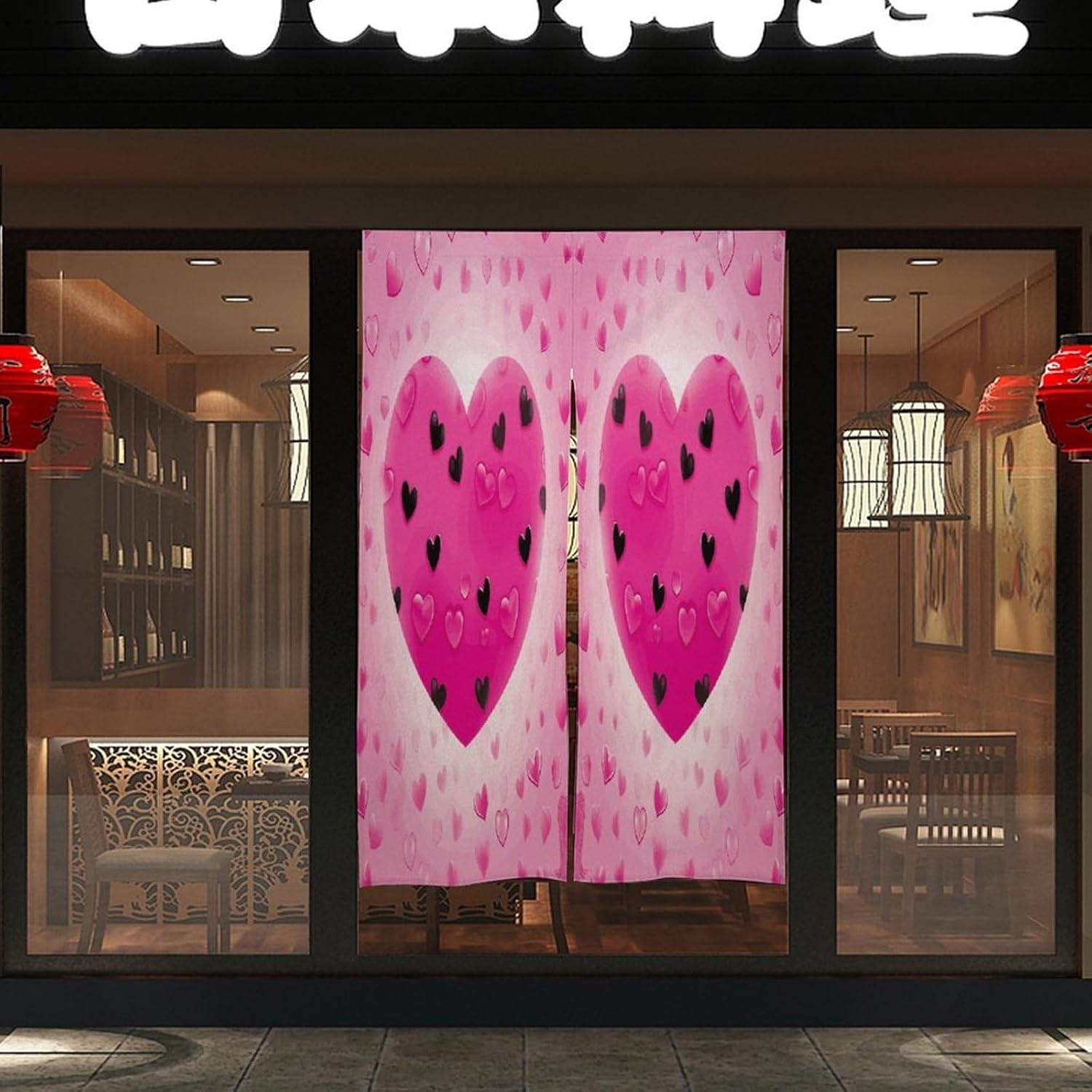 Pink Love Heart Door Curtain Printed Doorway Noren Japanese Style Doorway Room Divider Curtains for Privacy Partition Divider Kitchen Home Decorations Wall Hanging
