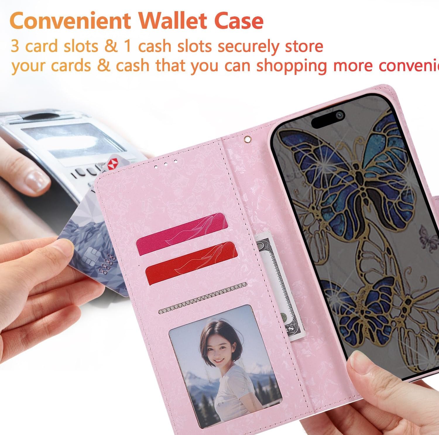 UEEBAI Wallet Case for iPhone 17 Pro Max, Leather Phone Cover Kickstand RFID Blocking Flip Case Card Slots Wrist Strap Relief Engraved Pattern Magnetic Closure Flower Folio Wallet, Blue Butterfly - Image 3