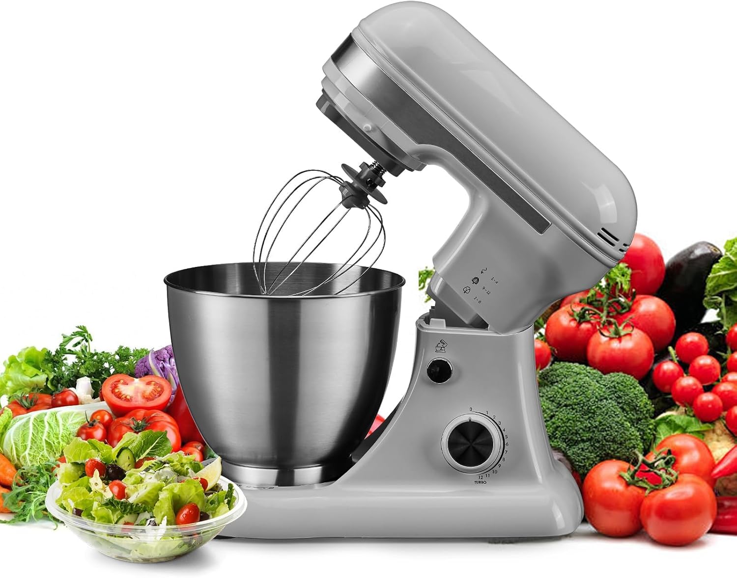 JESS 5QT Stand Electric Mixer, 12-Speed Kitchen Mixer with Tilt-Head, Stainless Steel Bowl Dough Mixer, Egg Whisk, Dough Hook & Beater Included, Idea for 3-5 Family,Light Gray