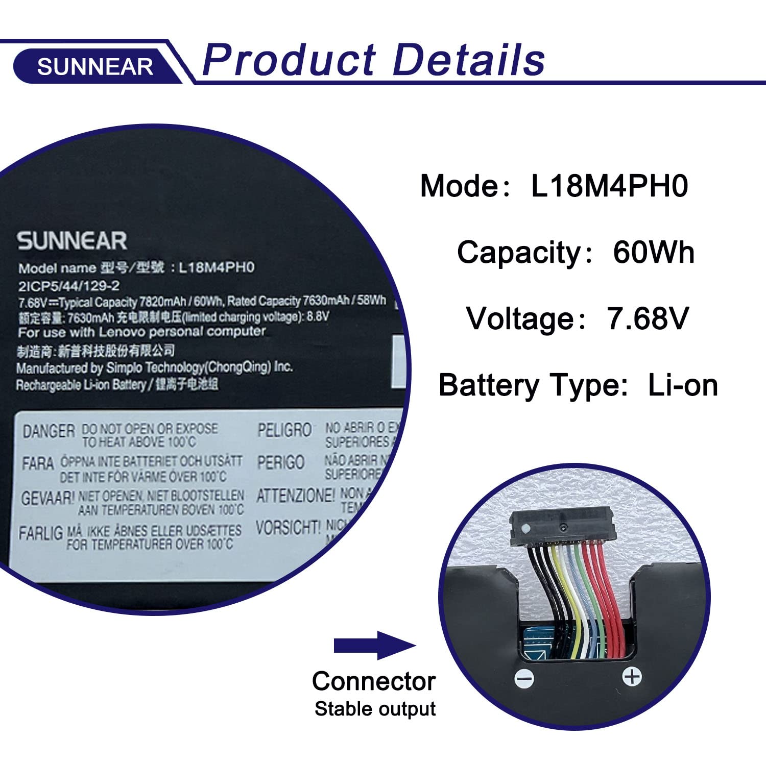 Amazon.com: SUNNEAR L18M4PH0 L18C4PH0 7.68V 60Wh Laptop Battery